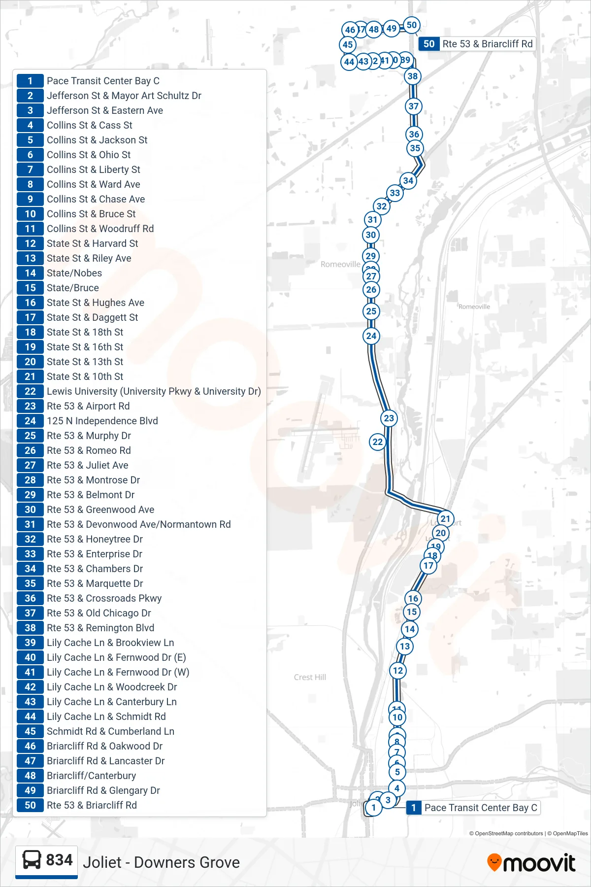 834 bus Line (Rte 53 & Briarcliff Rd) route and stops on a map
