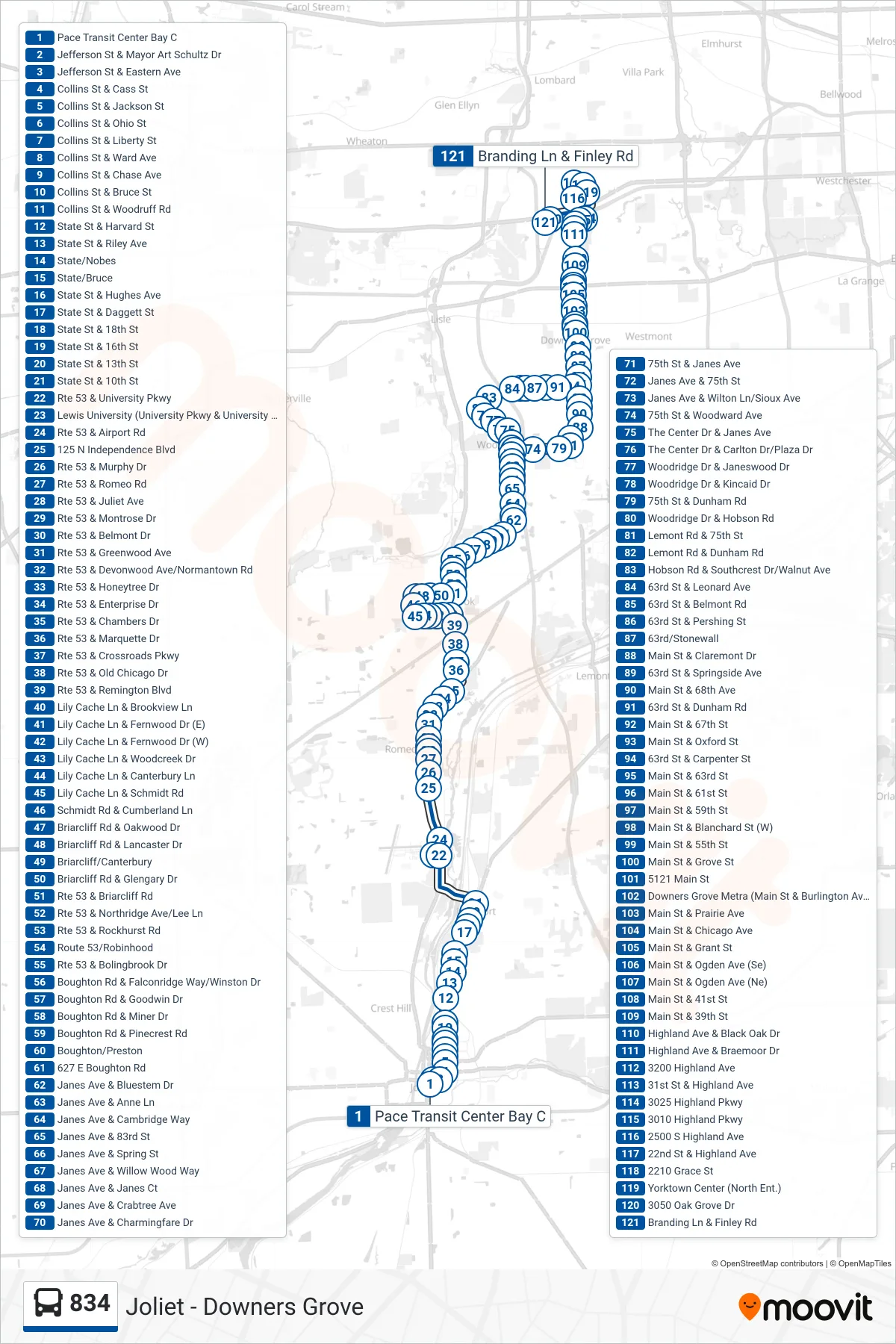 834 bus Line (Branding Ln & Finley Rd) route and stops on a map