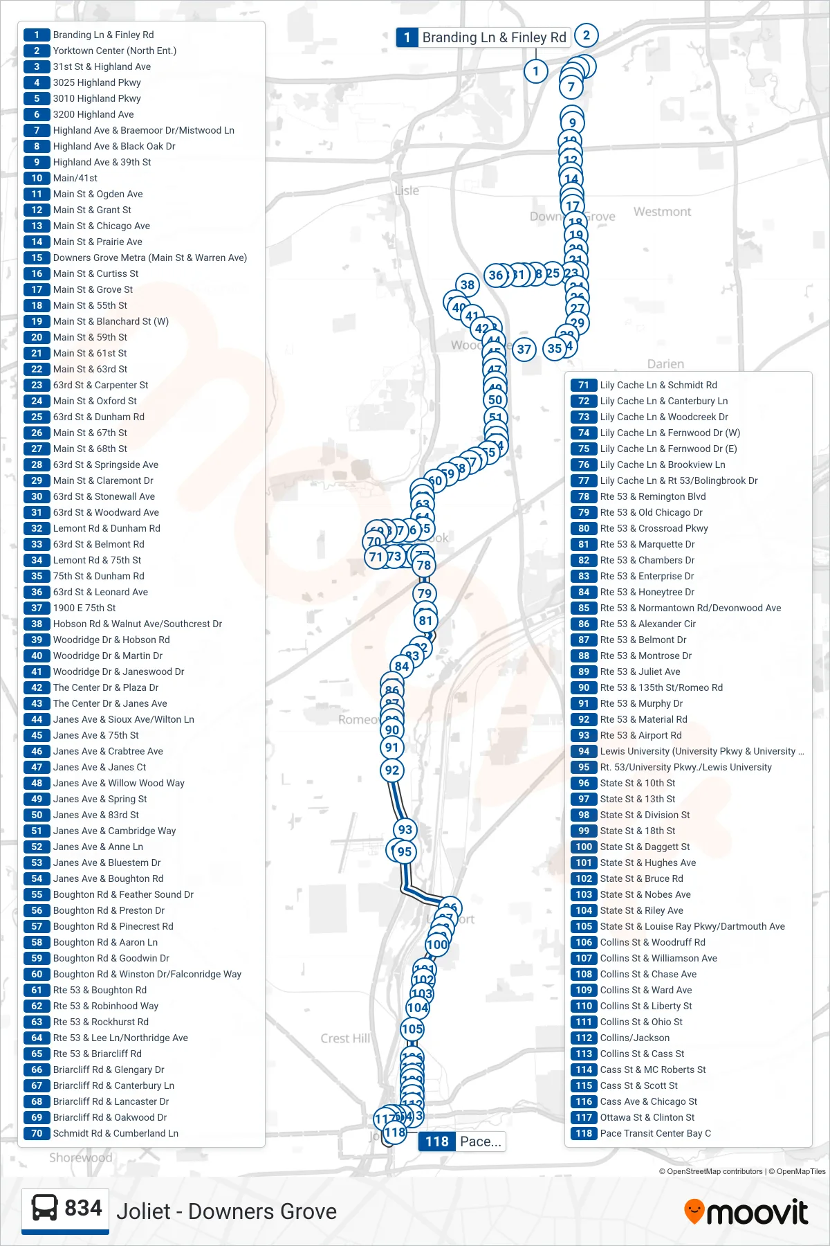 834 bus Line (Pace Transit Center Bay C) route and stops on a map