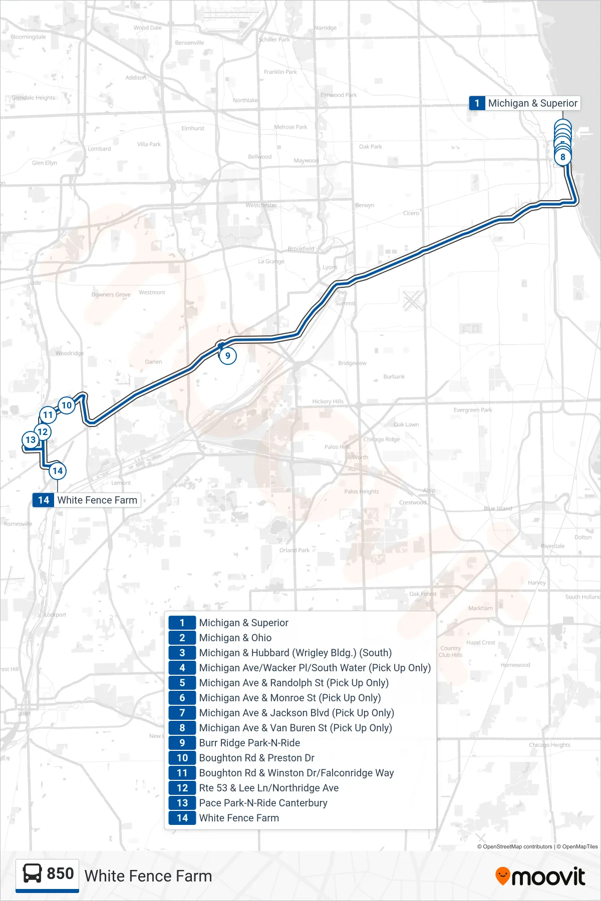 850 bus Line (White Fence Farm) route and stops on a map