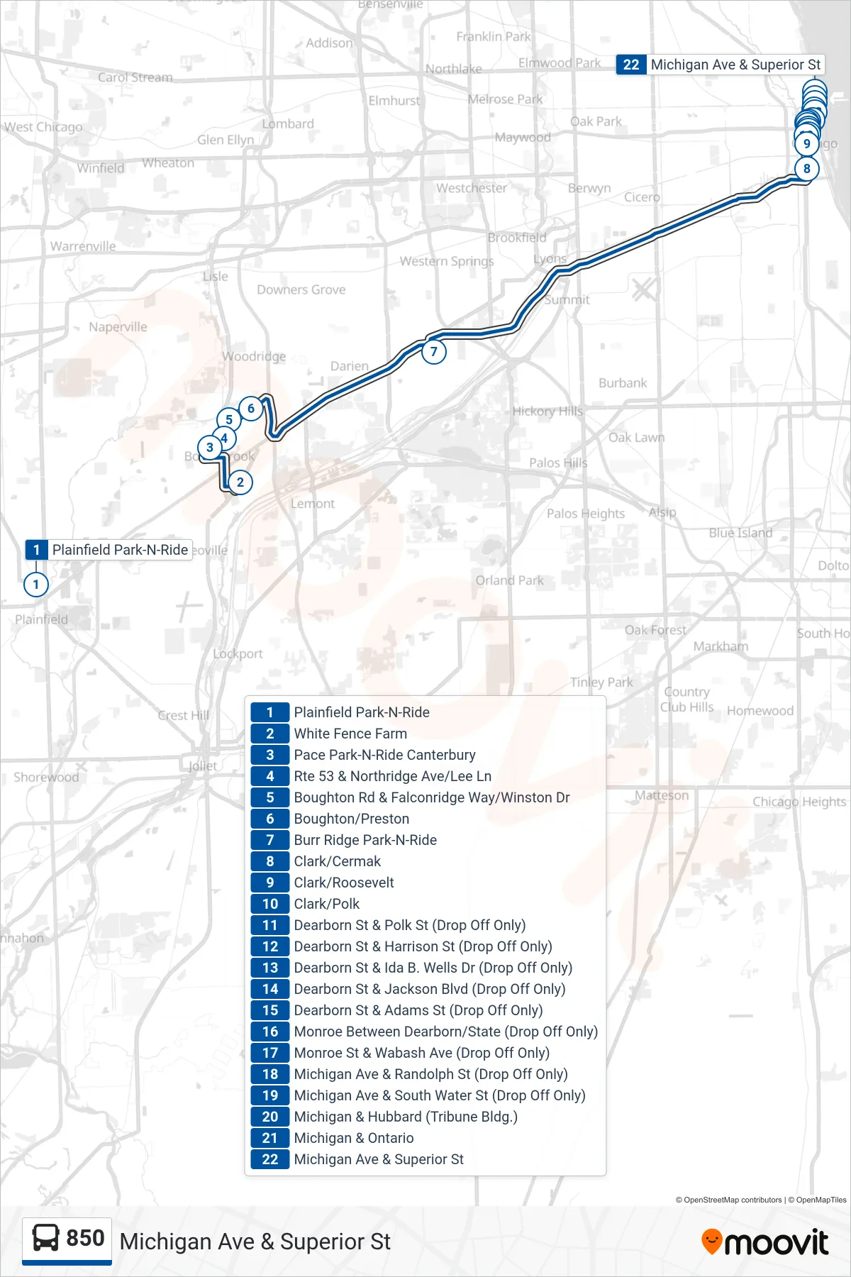 850 bus Line (Michigan Ave & Superior St) route and stops on a map