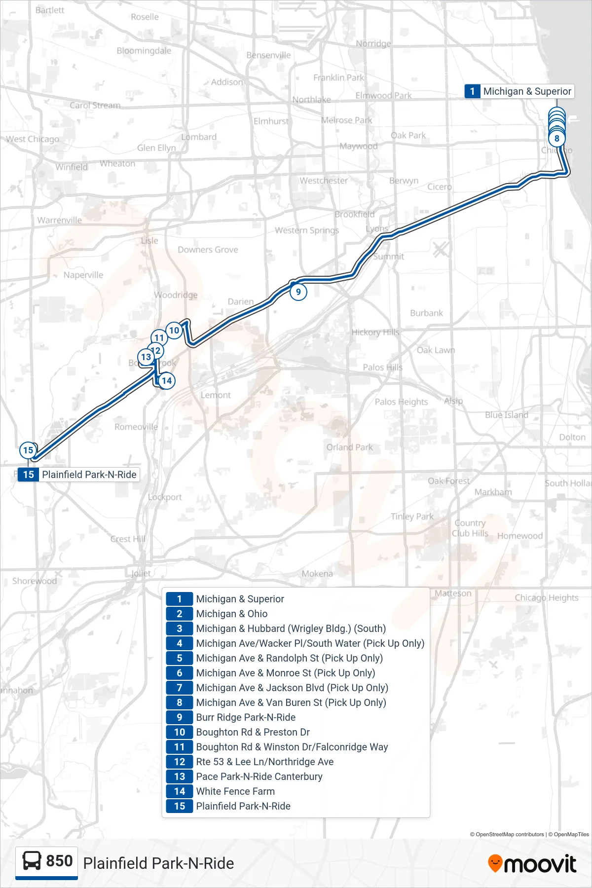 850 bus Line (Plainfield Park-N-Ride) route and stops on a map