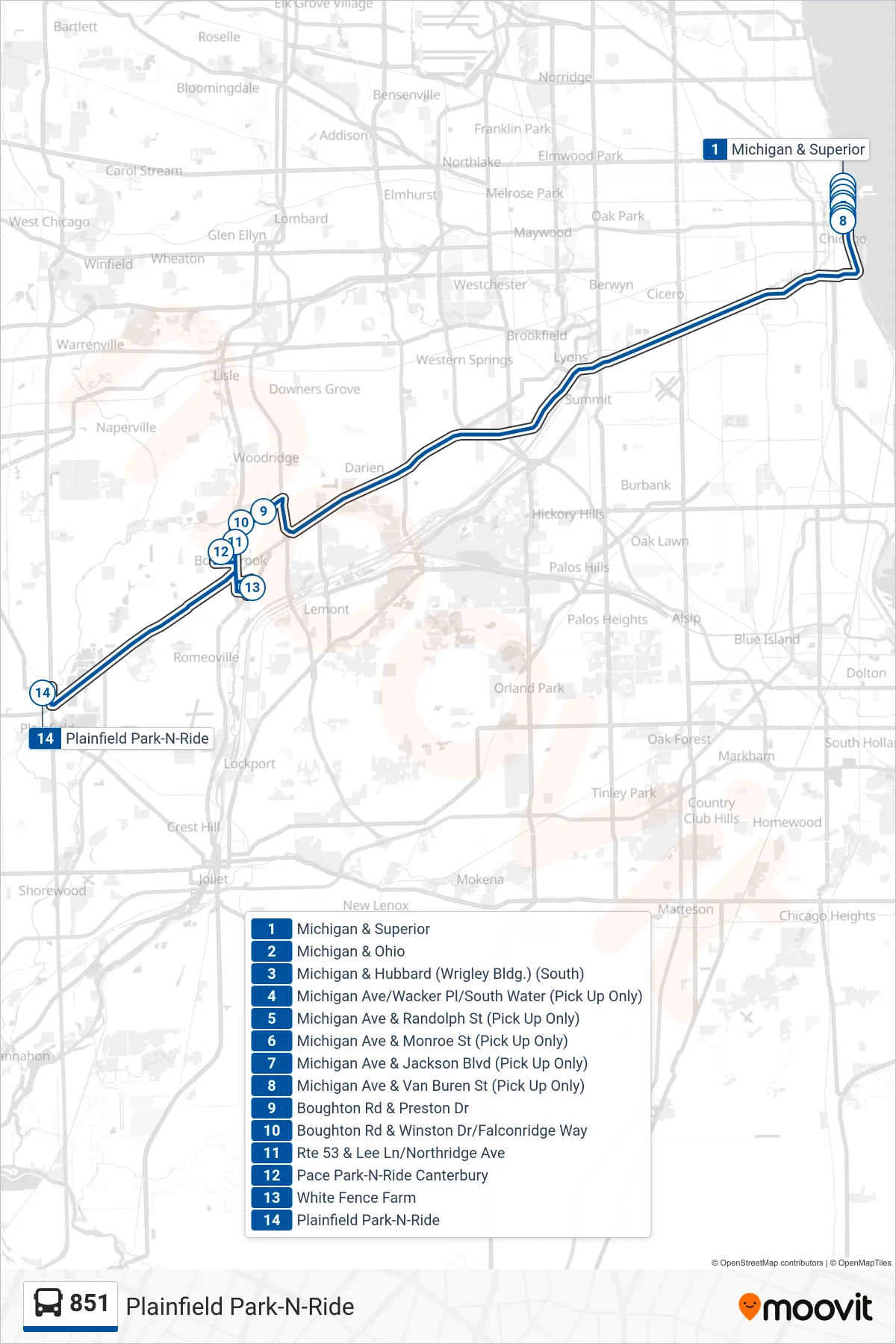 851 bus Line (Plainfield Park-N-Ride) route and stops on a map