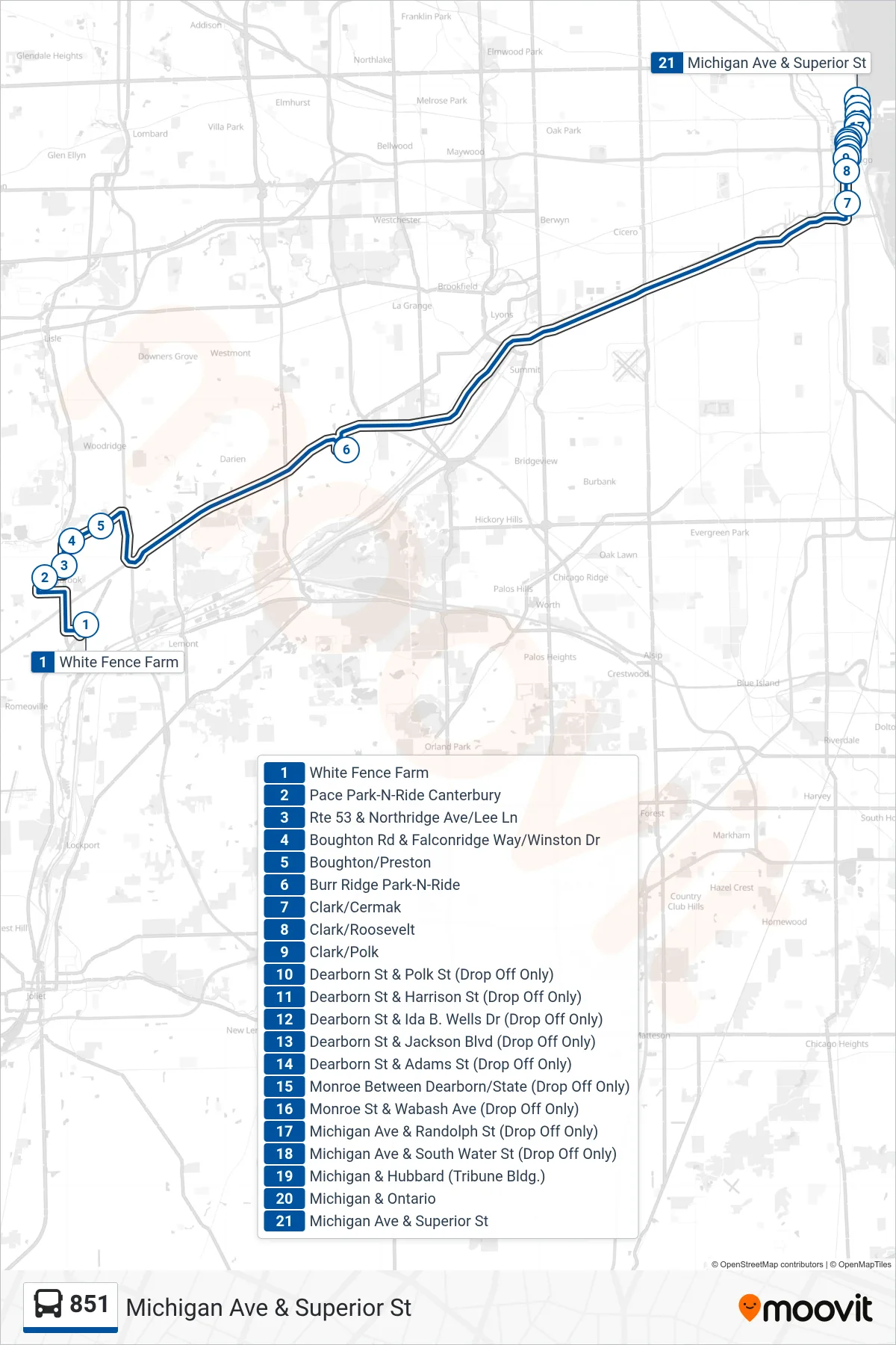 851 bus Line (Michigan Ave & Superior St) route and stops on a map