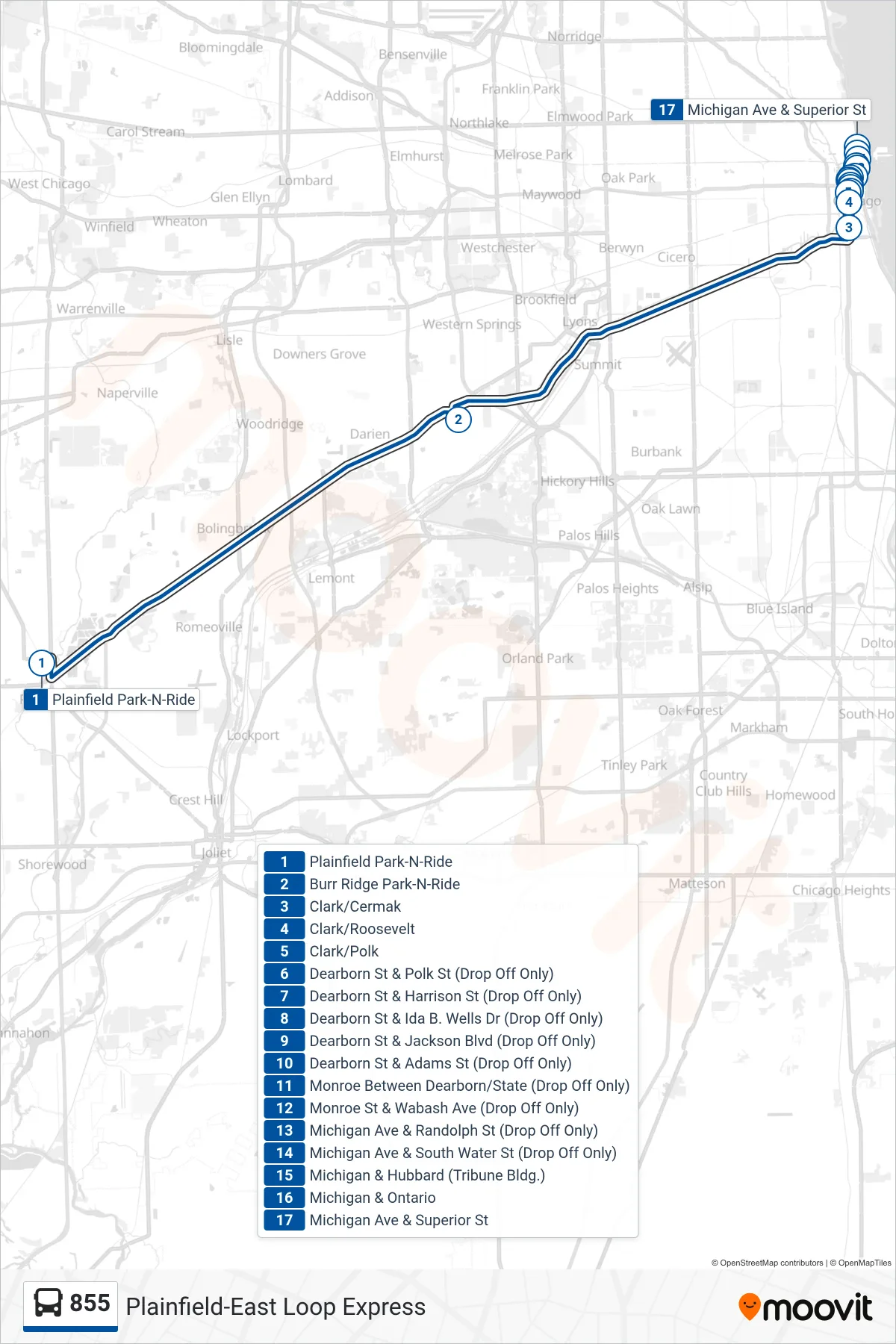 855 bus Line (Michigan Ave & Superior St) route and stops on a map