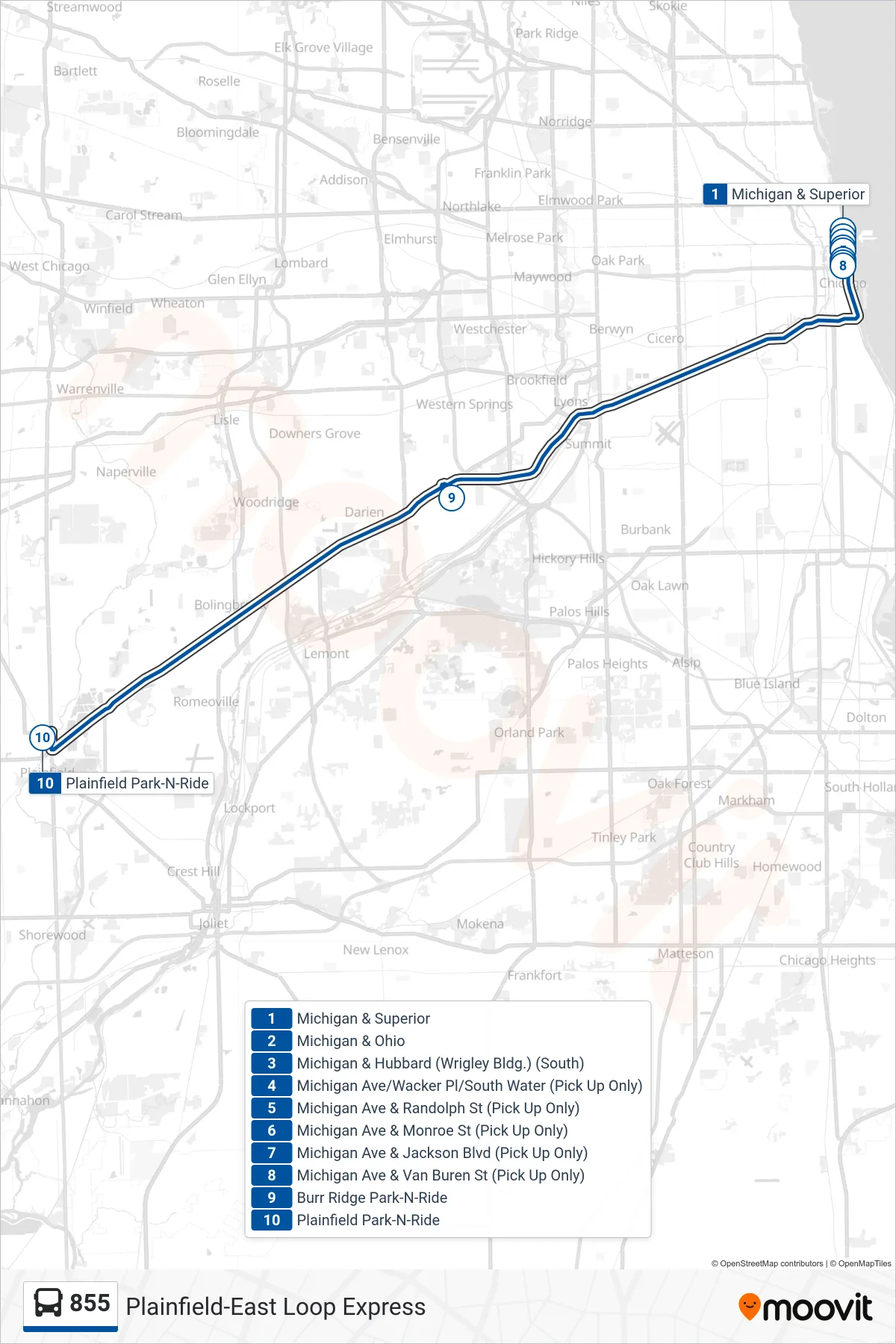 855 bus Line (Plainfield Park-N-Ride) route and stops on a map