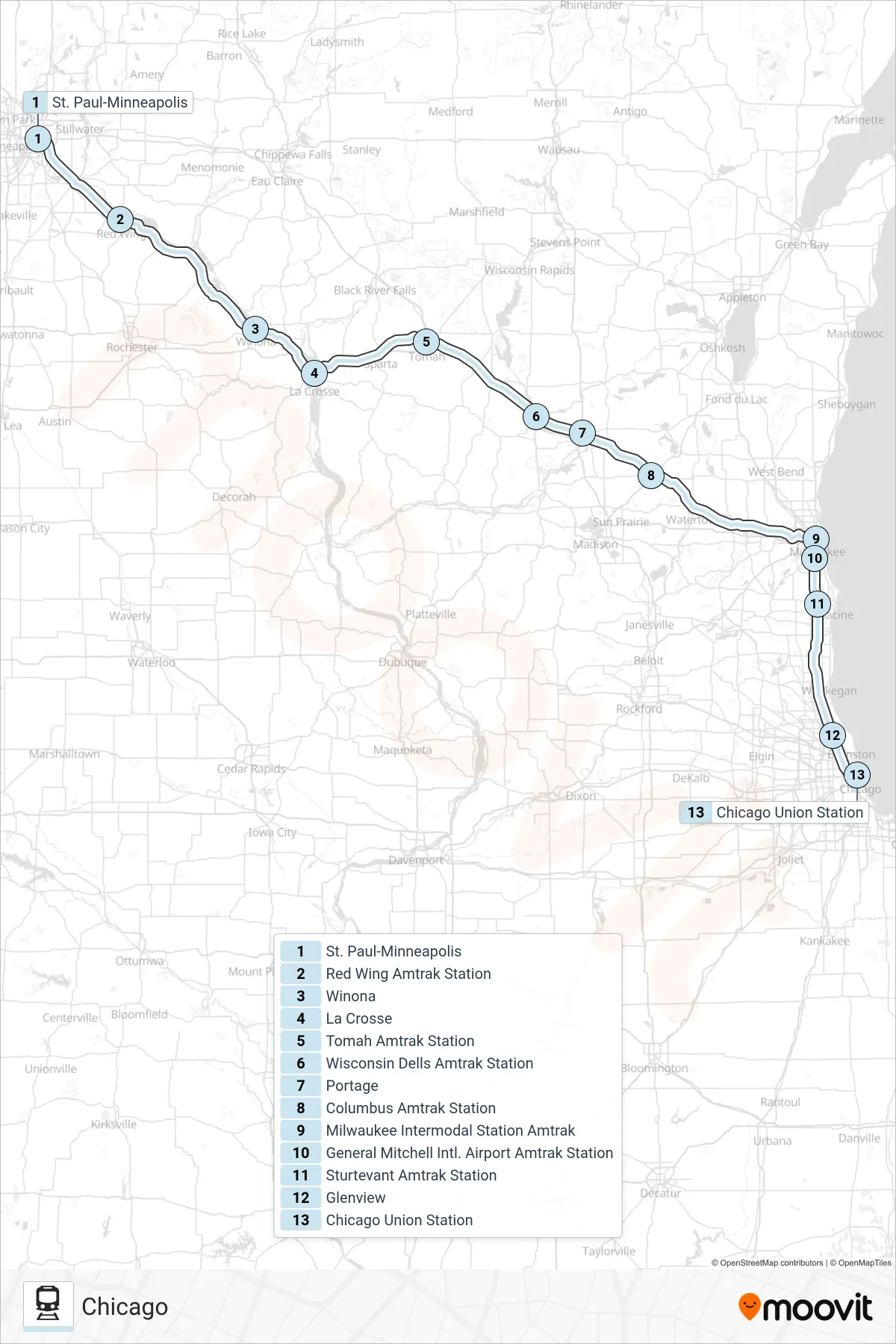 BOREALIS train Line (Chicago) route and stops on a map