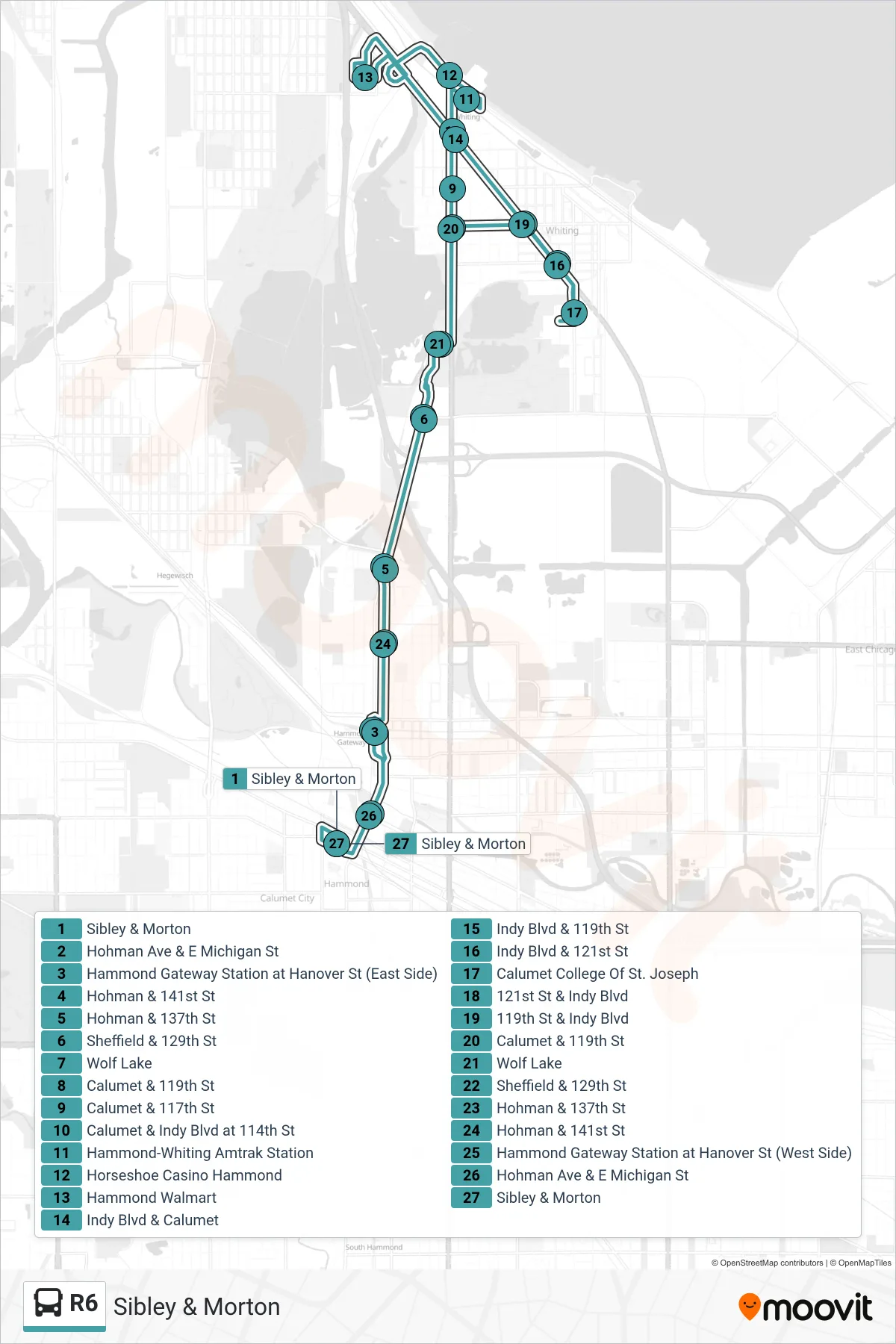 R6 bus Line (Sibley & Morton) route and stops on a map