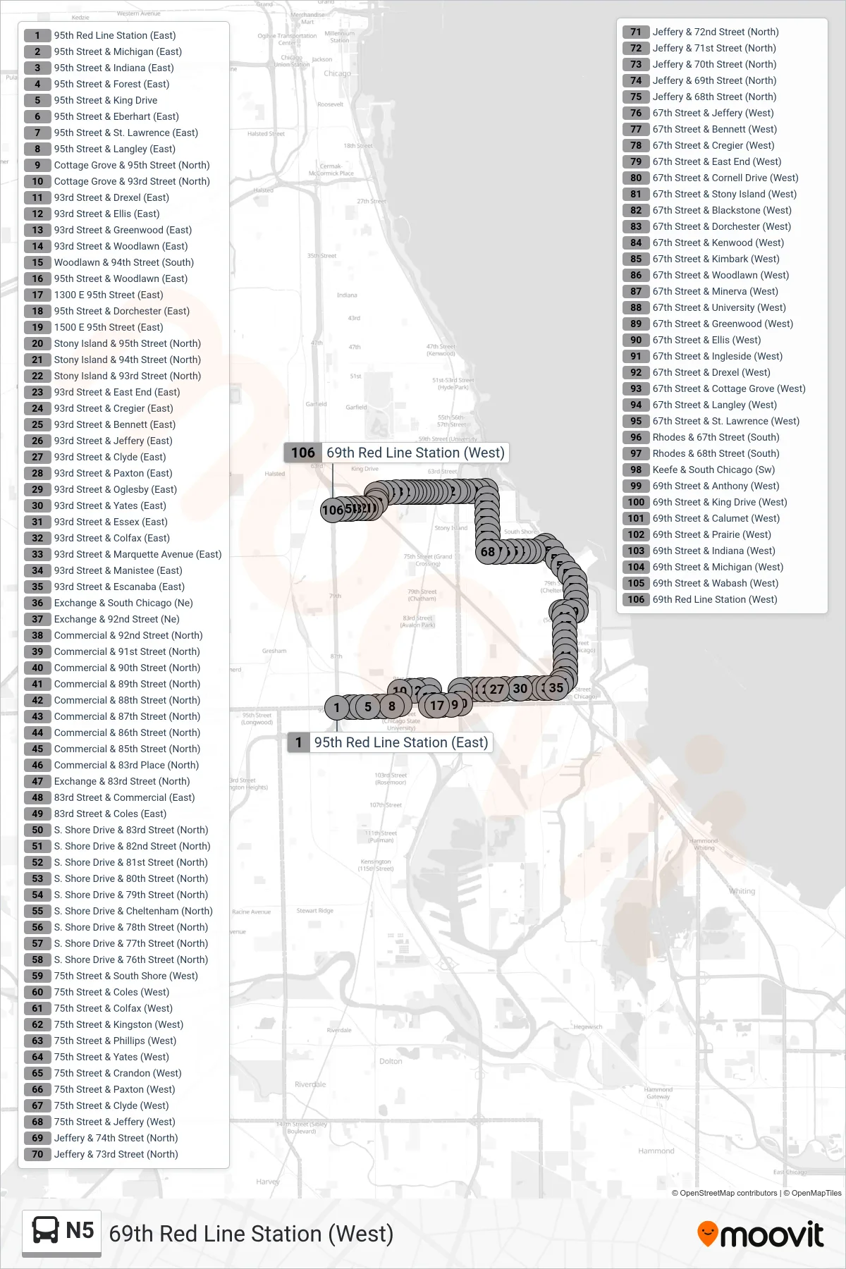 N5 bus Line (69th Red Line Station (West)) route and stops on a map