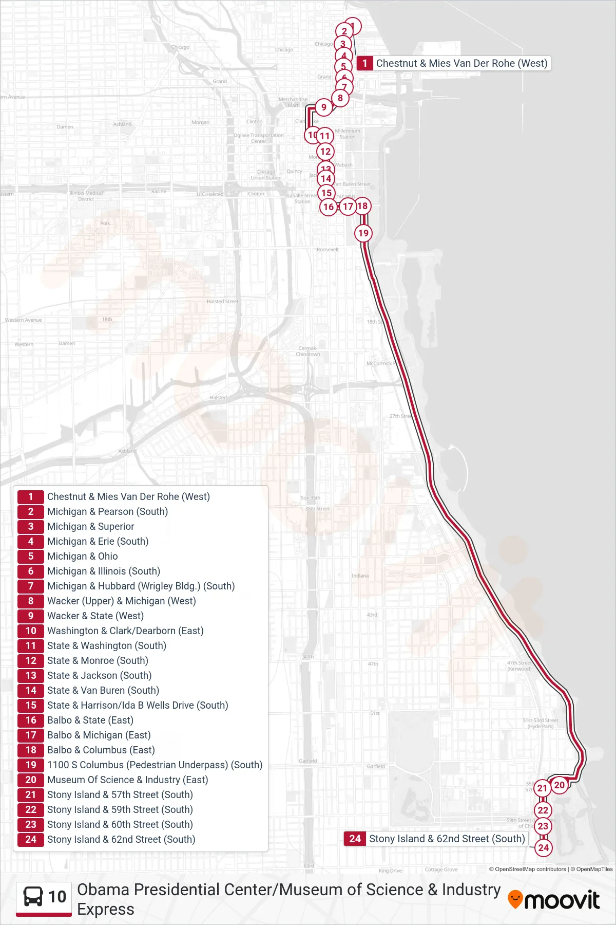 10 bus Line (Stony Island & 62nd Street (South)) route and stops on a map