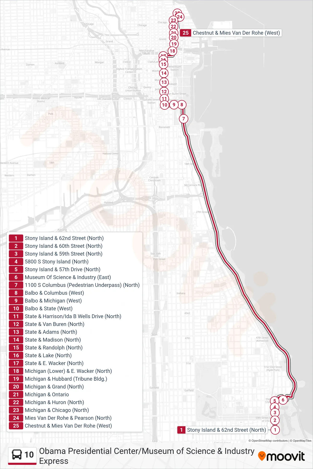 10 bus Line (Chestnut & Mies Van Der Rohe (West)) route and stops on a map