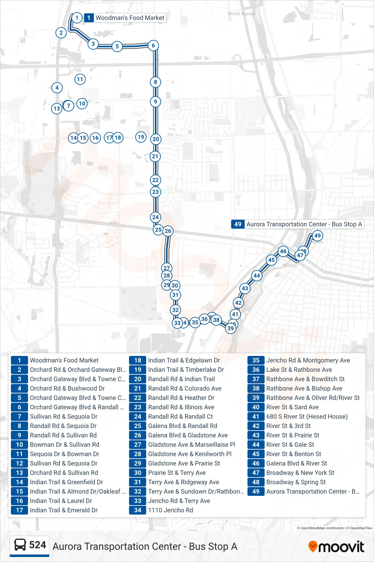 524 bus Line (Aurora Transportation Center - Bus Stop A) route and stops on a map