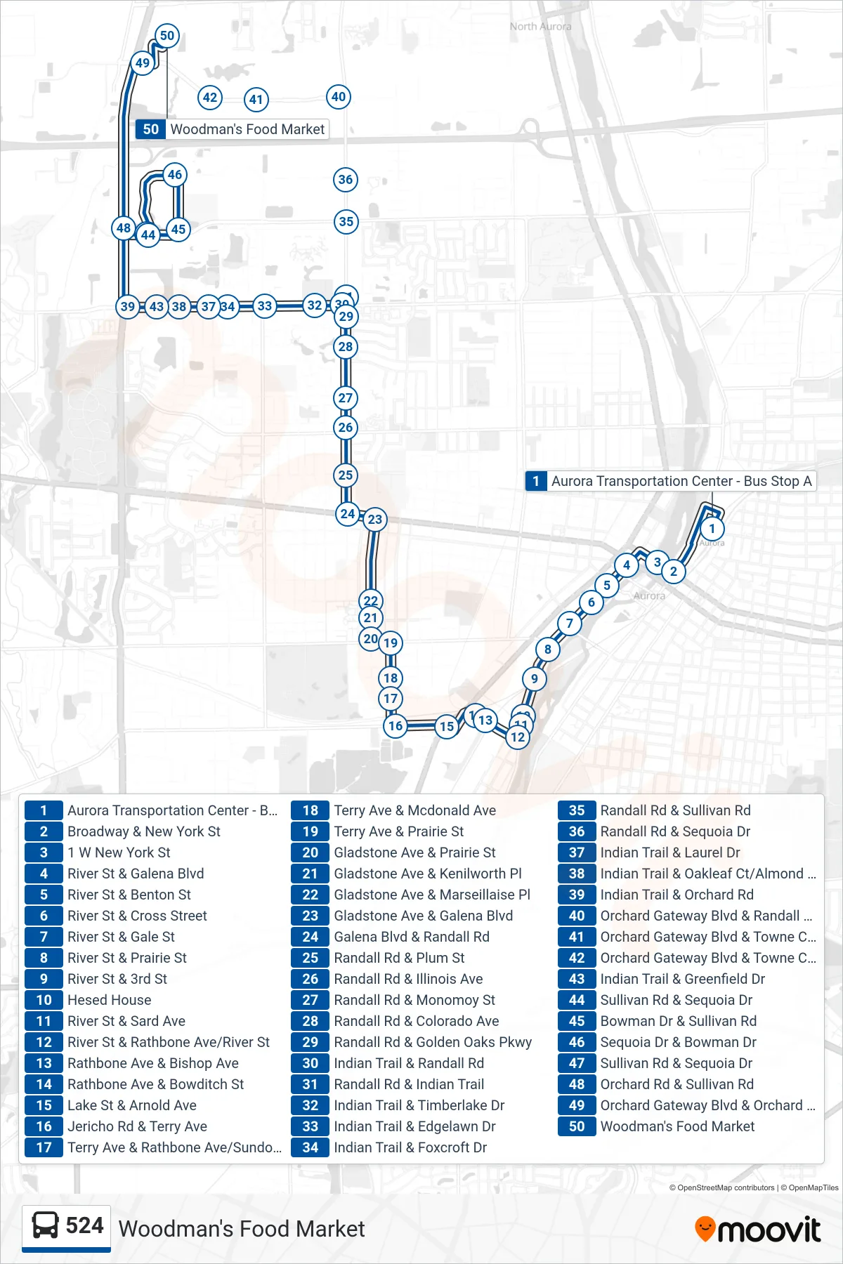 524 bus Line (Woodman's Food Market) route and stops on a map
