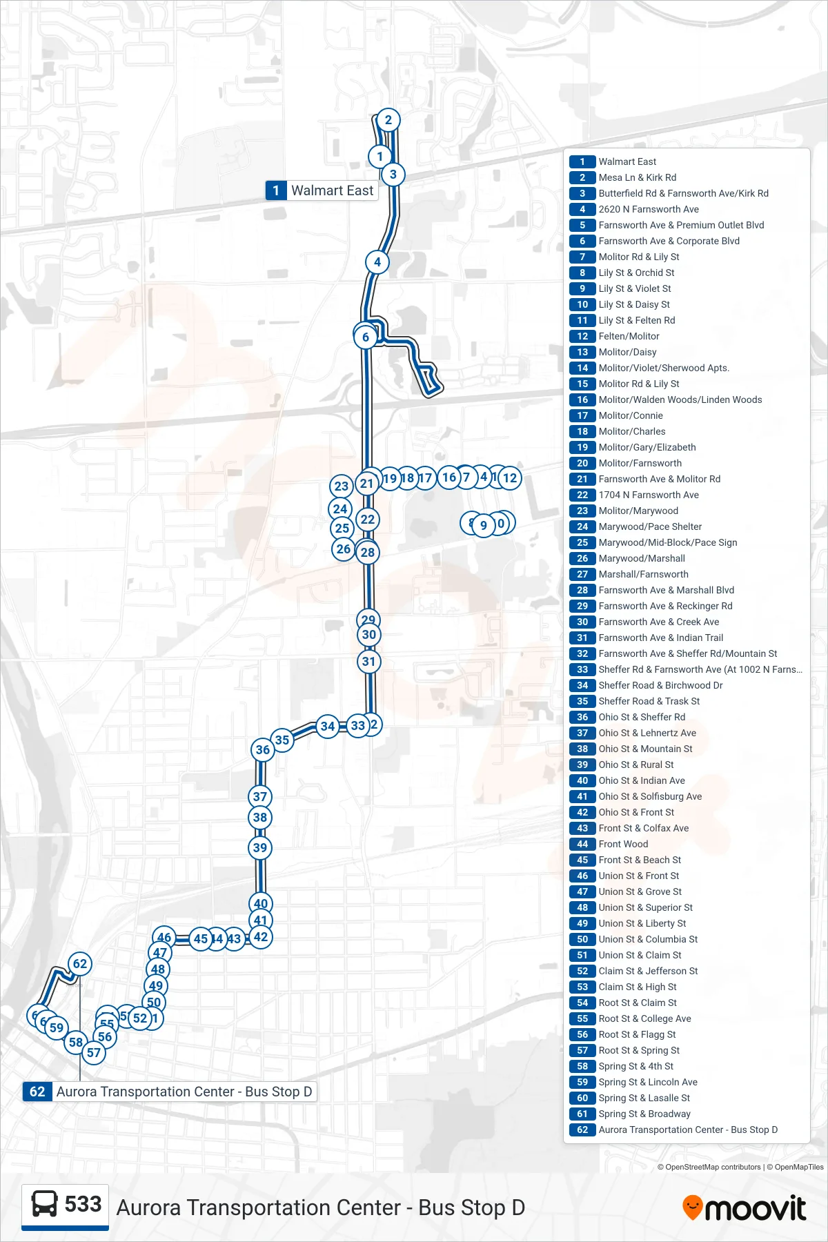 533 bus Line (Aurora Transportation Center - Bus Stop D) route and stops on a map
