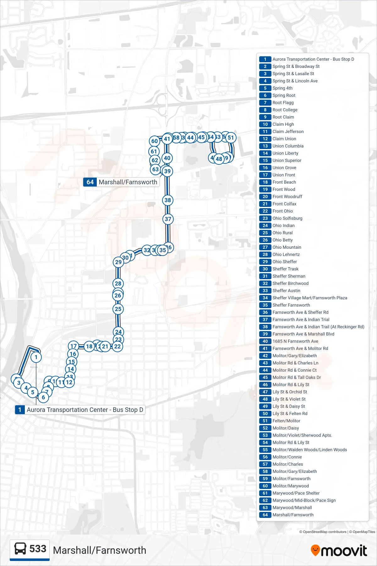 533 bus Line (Marshall/Farnsworth) route and stops on a map