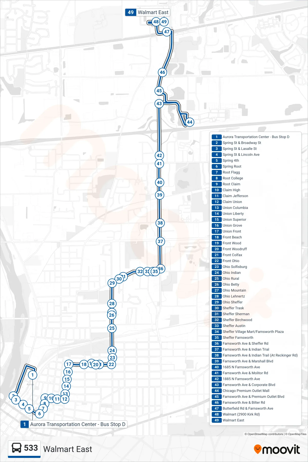 533 bus Line (Walmart East) route and stops on a map