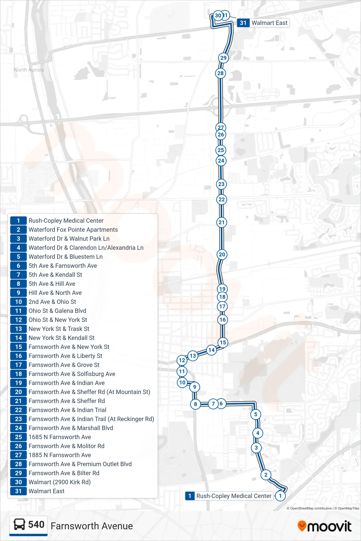 540 bus Line (Walmart East) route and stops on a map