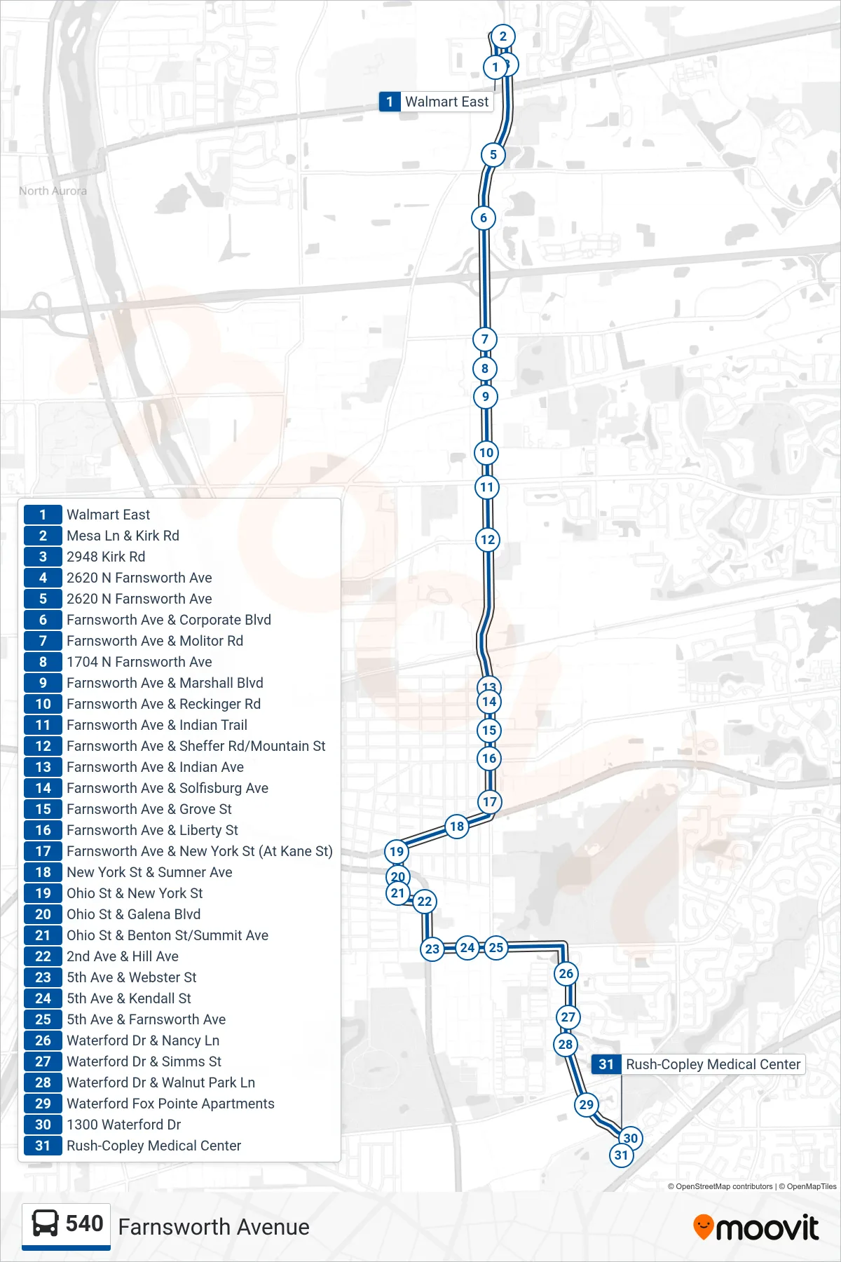 540 bus Line (Rush-Copley Medical Center) route and stops on a map