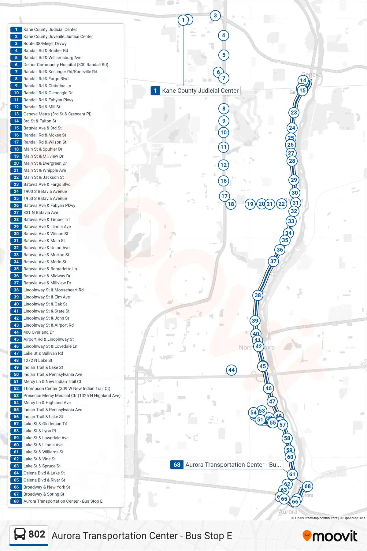 802 bus Line (Aurora Transportation Center - Bus Stop E) route and stops on a map