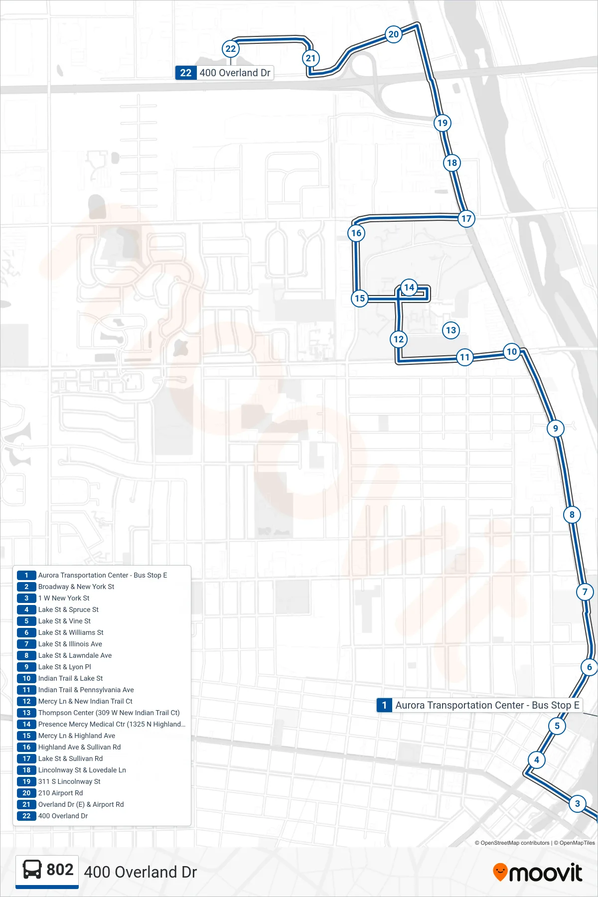 802 bus Line (400 Overland Dr) route and stops on a map