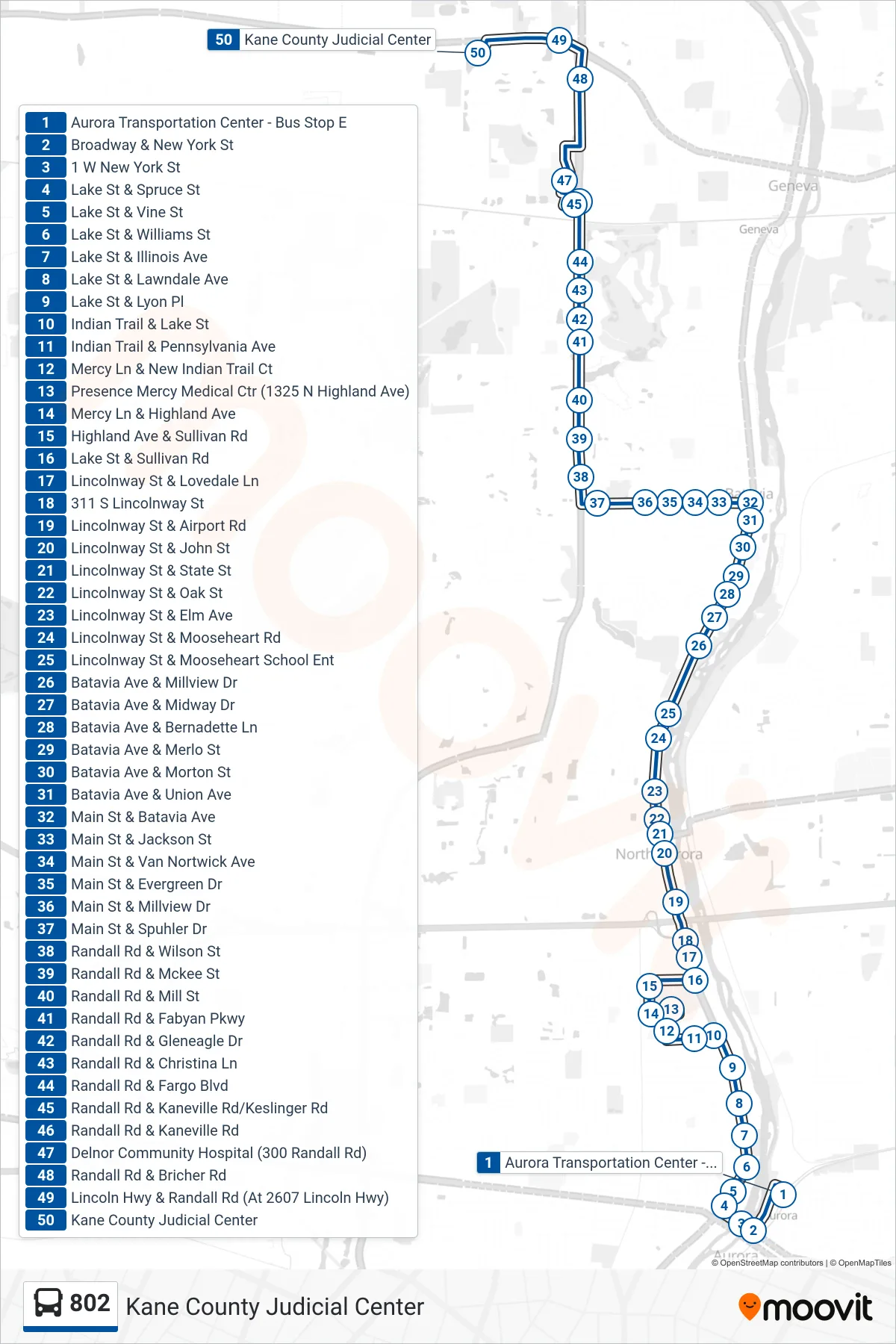 802 bus Line (Kane County Judicial Center) route and stops on a map