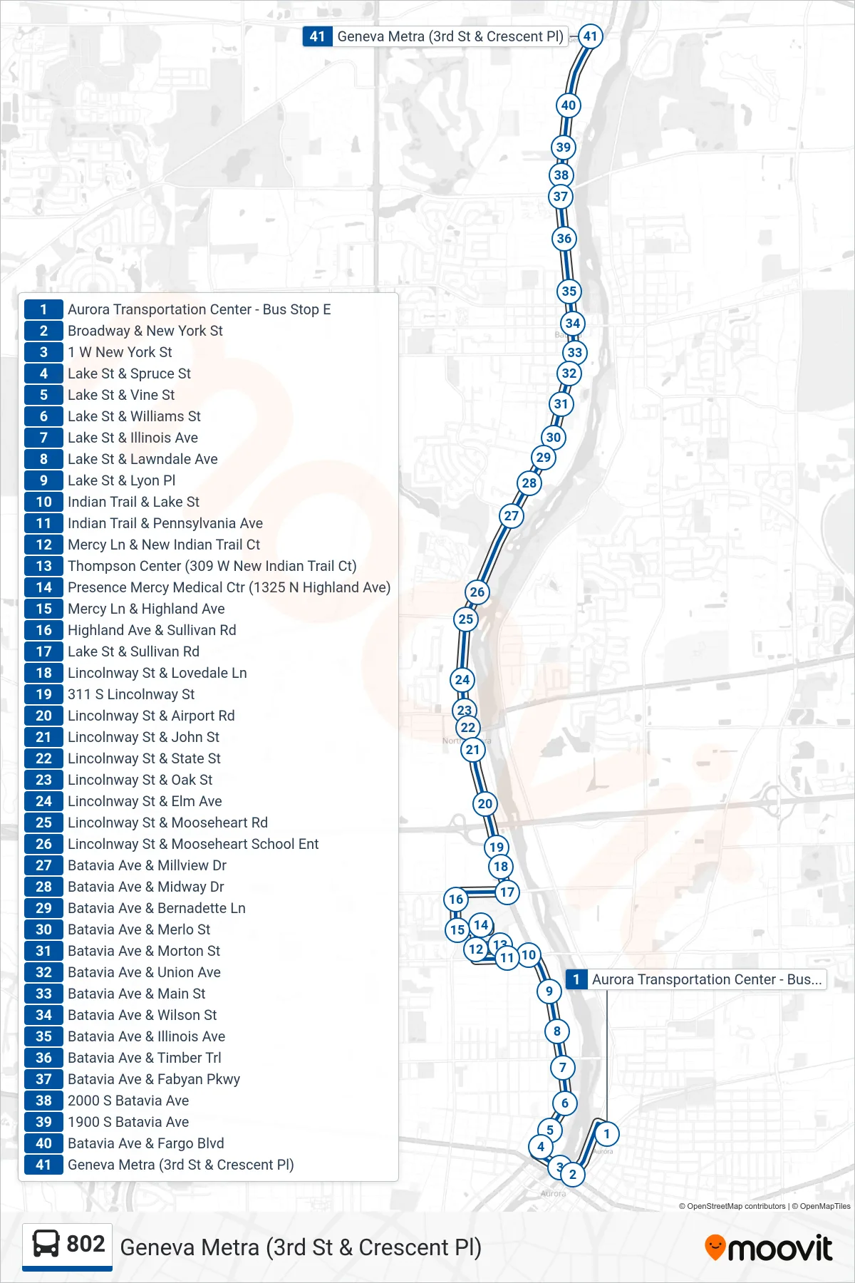 802 bus Line (Geneva Metra (3rd St & Crescent Pl)) route and stops on a map