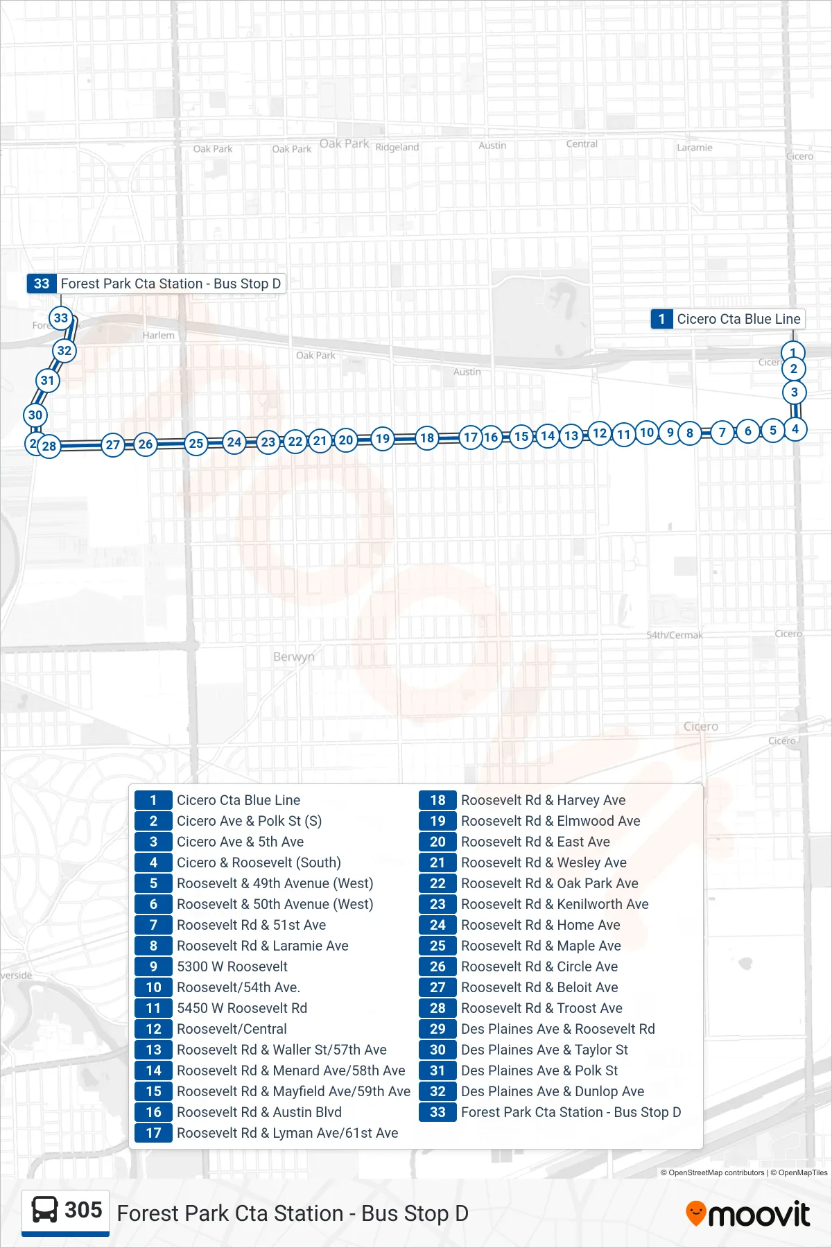 305 bus Line (Forest Park Cta Station - Bus Stop D) route and stops on a map