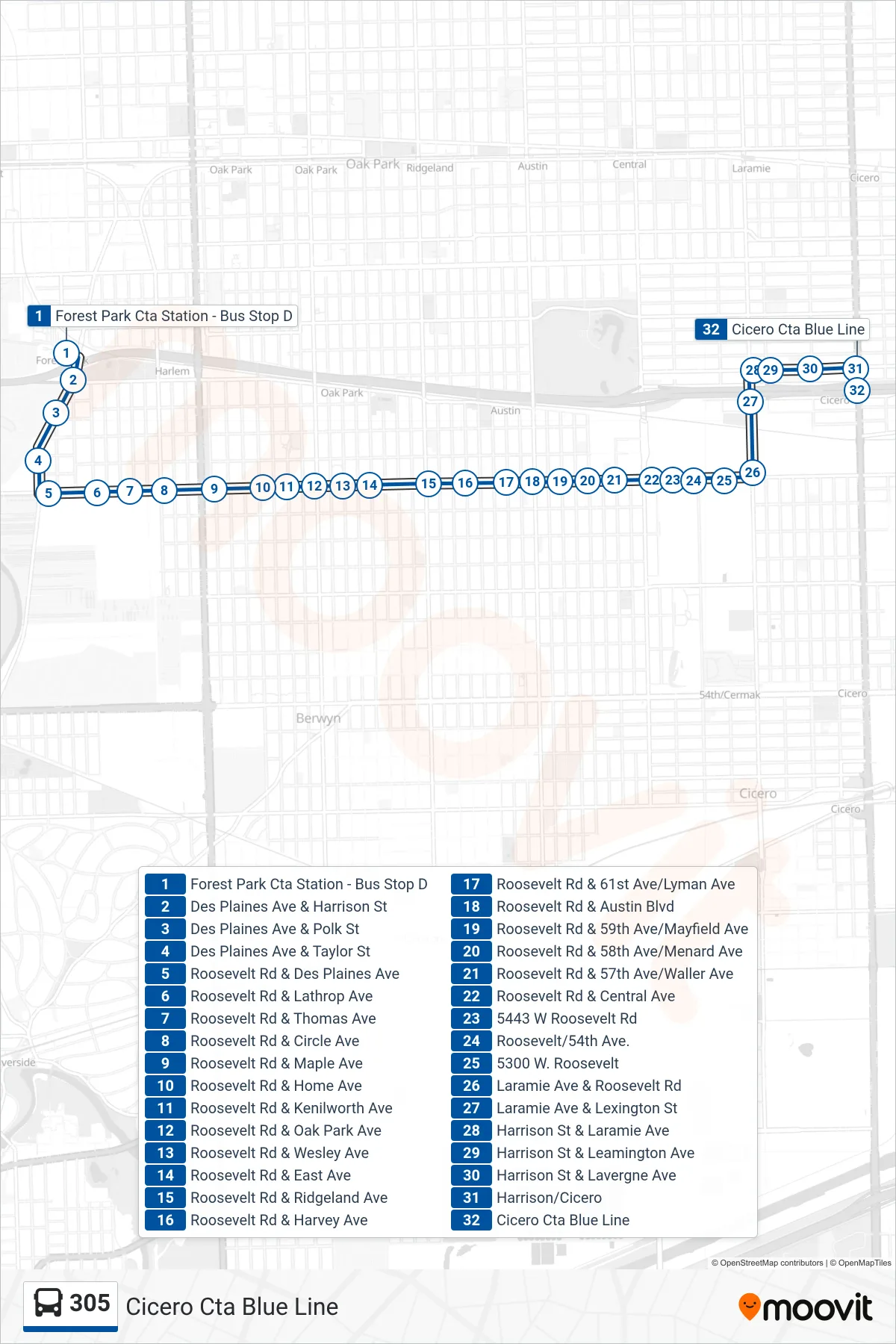 305 bus Line (Cicero Cta Blue Line) route and stops on a map