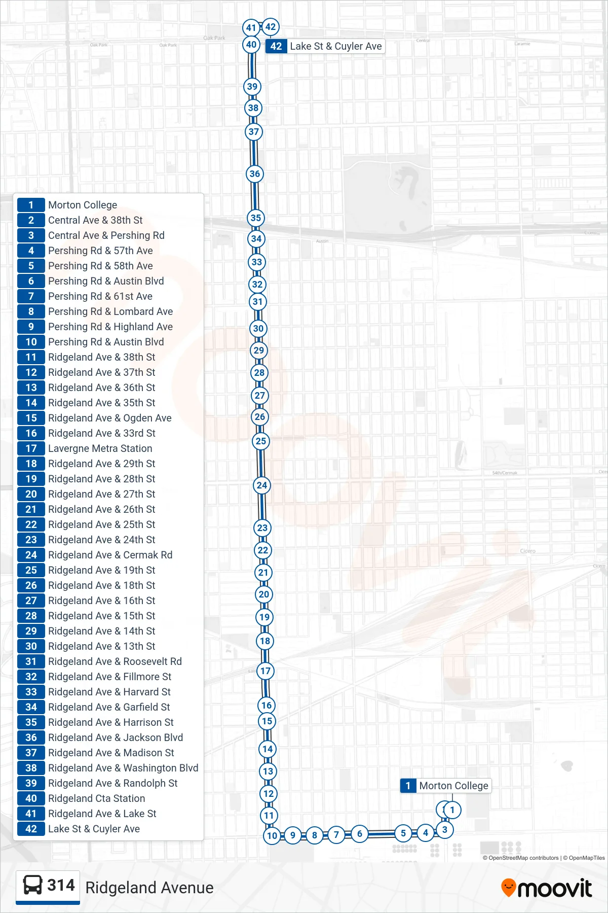 314 bus Line (Lake St & Cuyler Ave) route and stops on a map