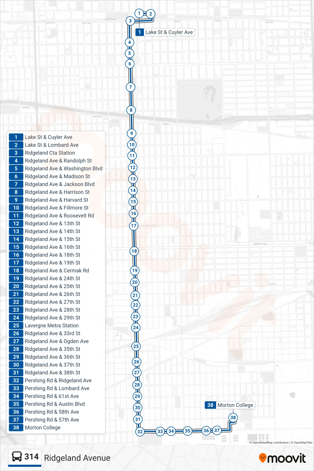 314 bus Line (Morton College) route and stops on a map