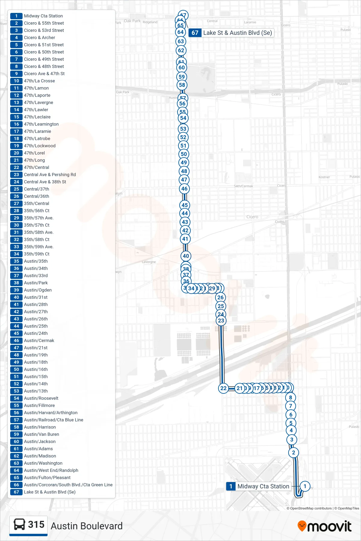 315 bus Line (Lake St & Austin Blvd (Se)) route and stops on a map