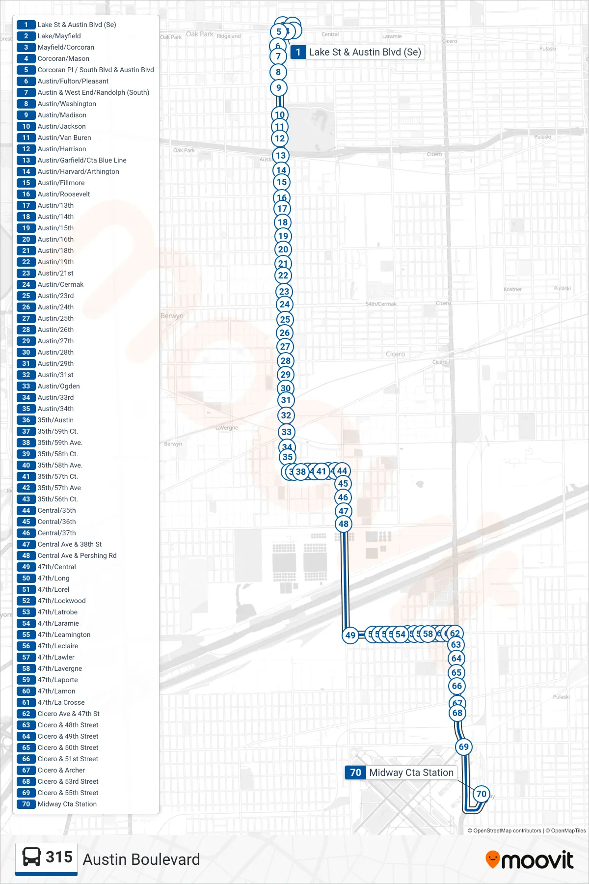 315 bus Line (Midway Cta Station) route and stops on a map