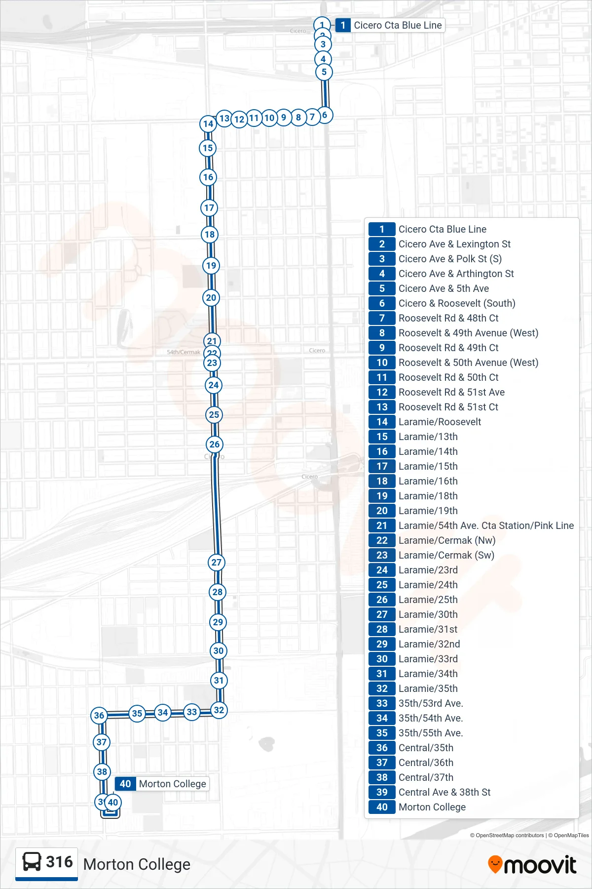 316 bus Line (Morton College) route and stops on a map