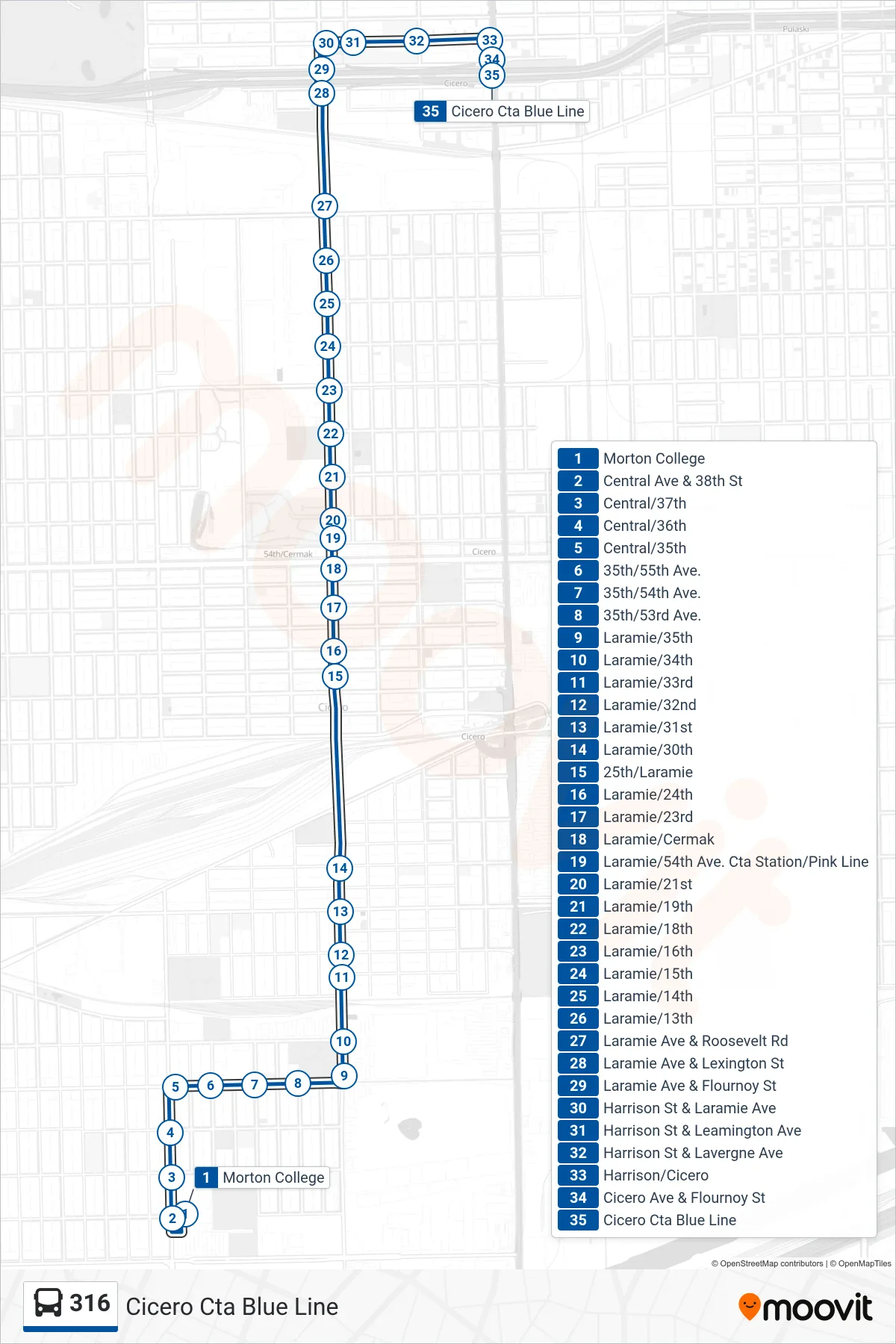 316 bus Line (Cicero Cta Blue Line) route and stops on a map
