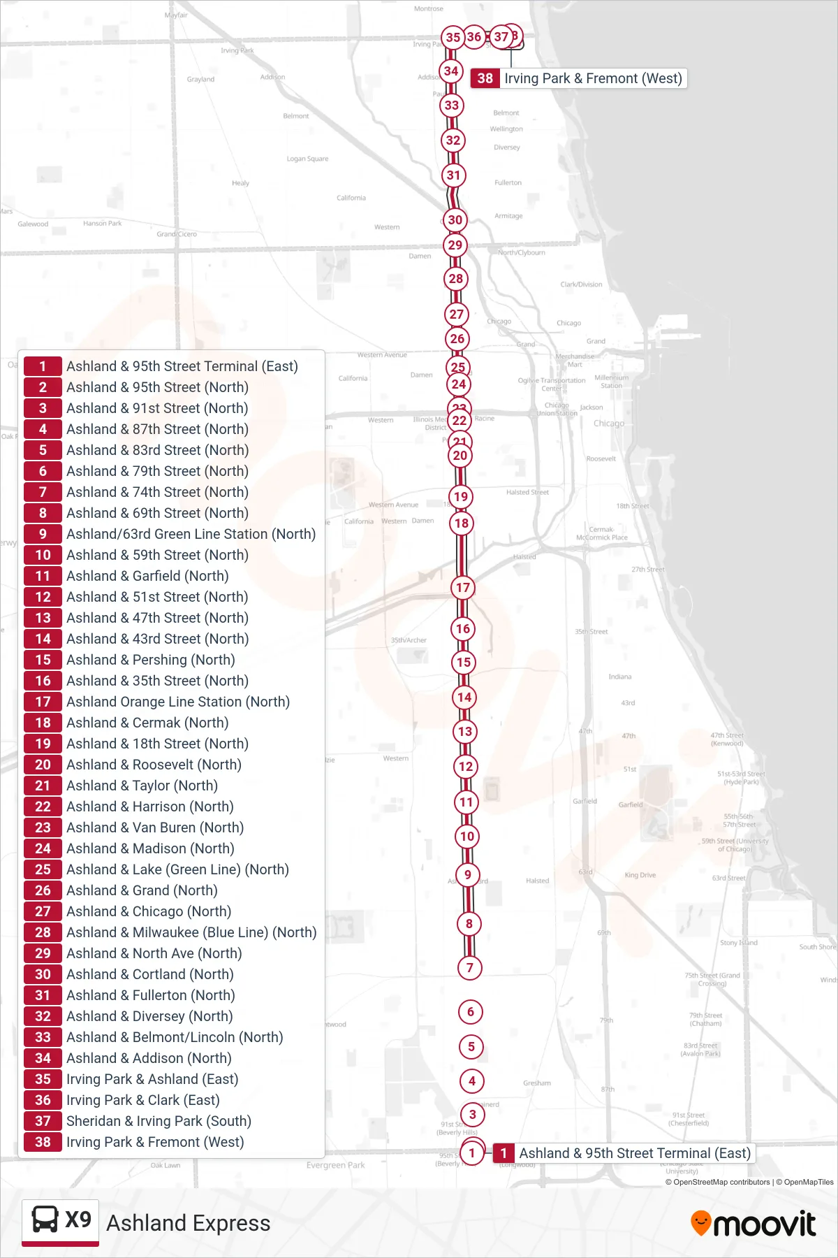X9 bus Line (Irving Park & Fremont (West)) route and stops on a map