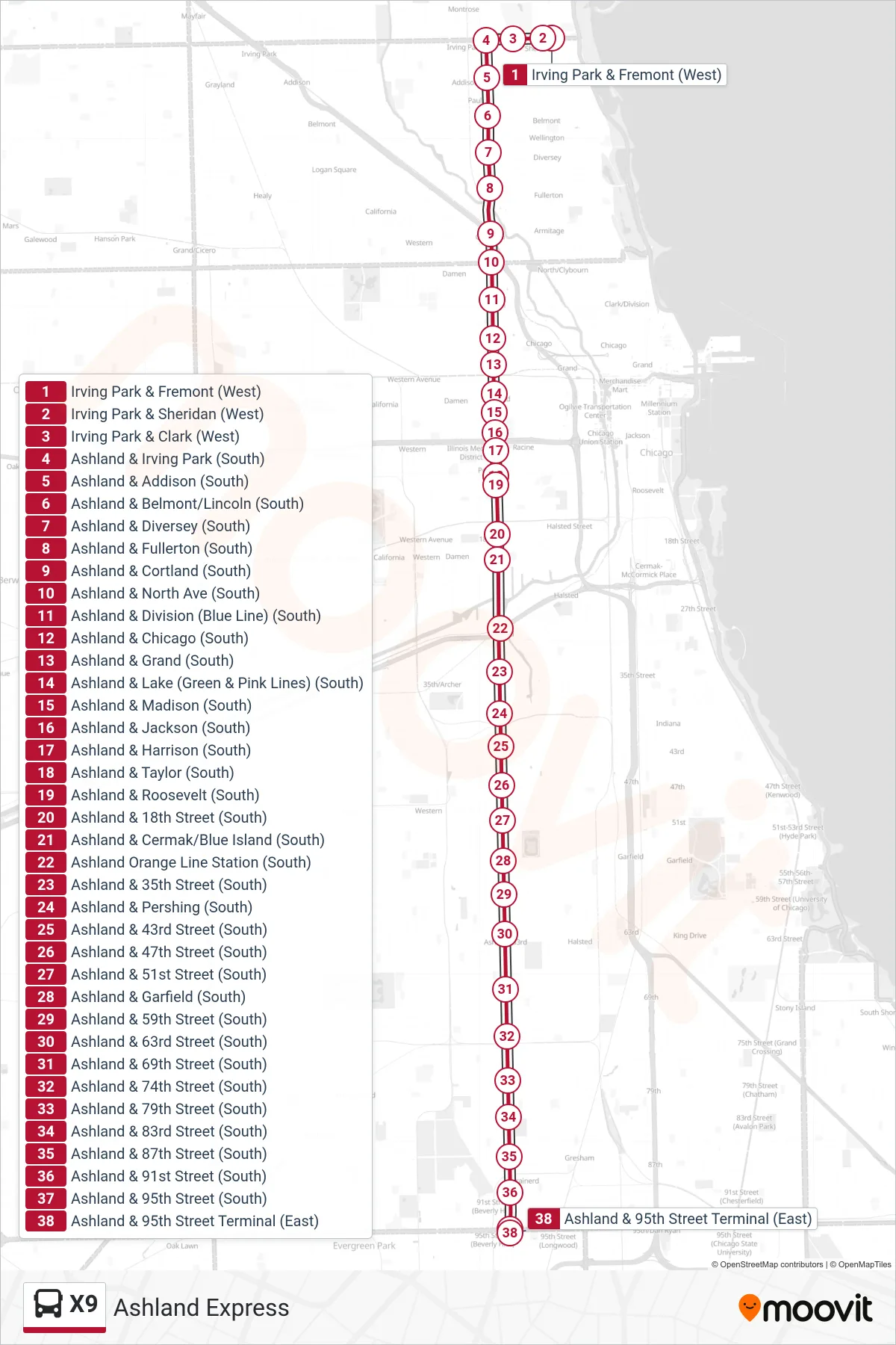 X9 bus Line (Ashland & 95th Street Terminal (East)) route and stops on a map