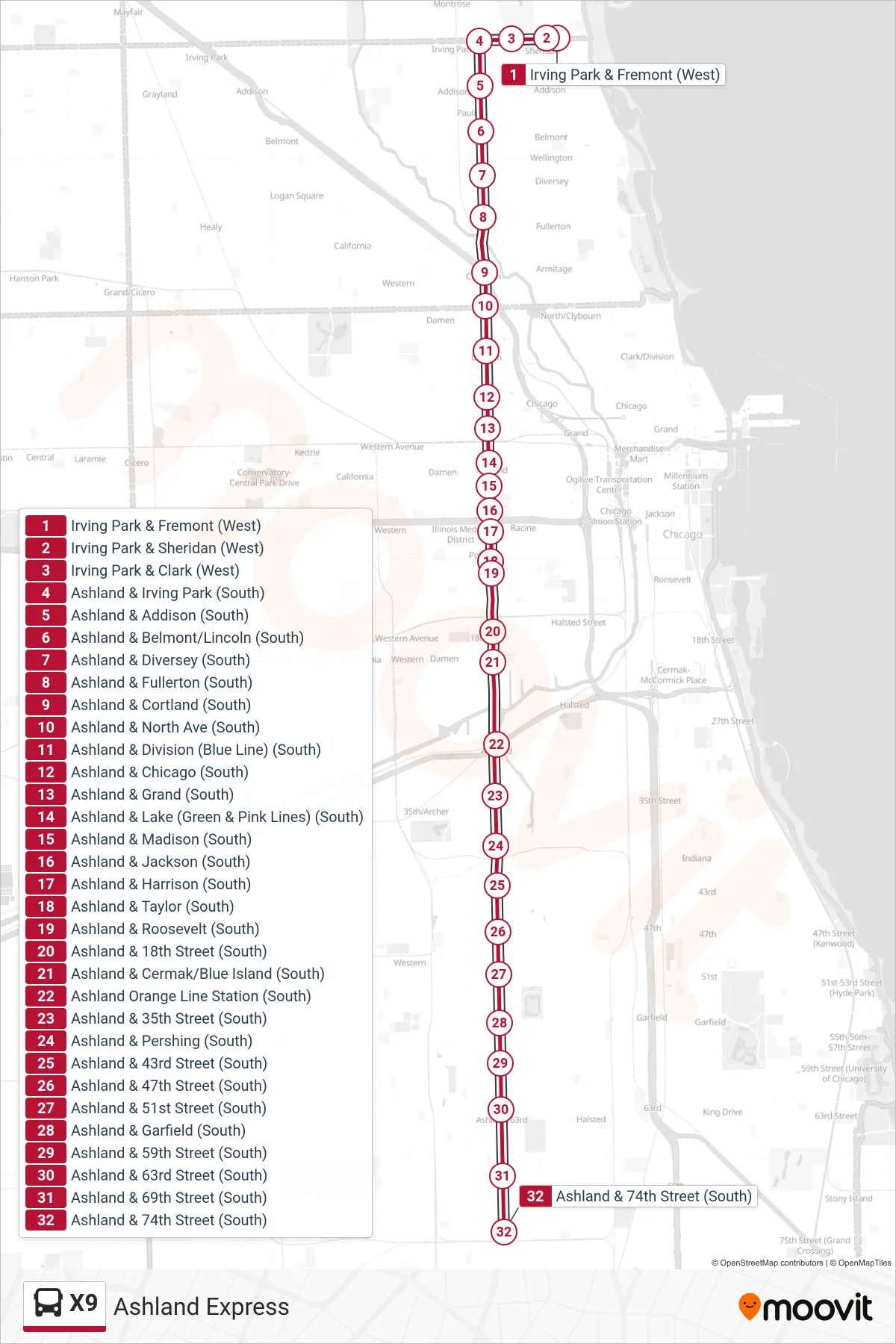 X9 bus Line (Ashland & 74th Street (South)) route and stops on a map