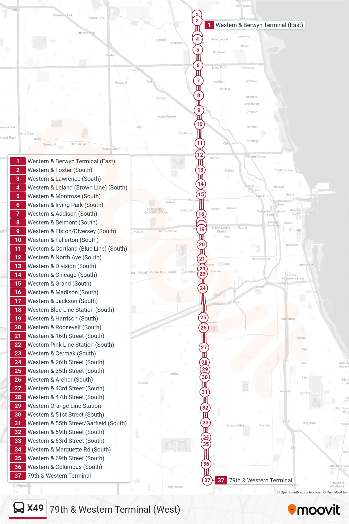 X49 bus Line (79th & Western Terminal (West)) route and stops on a map