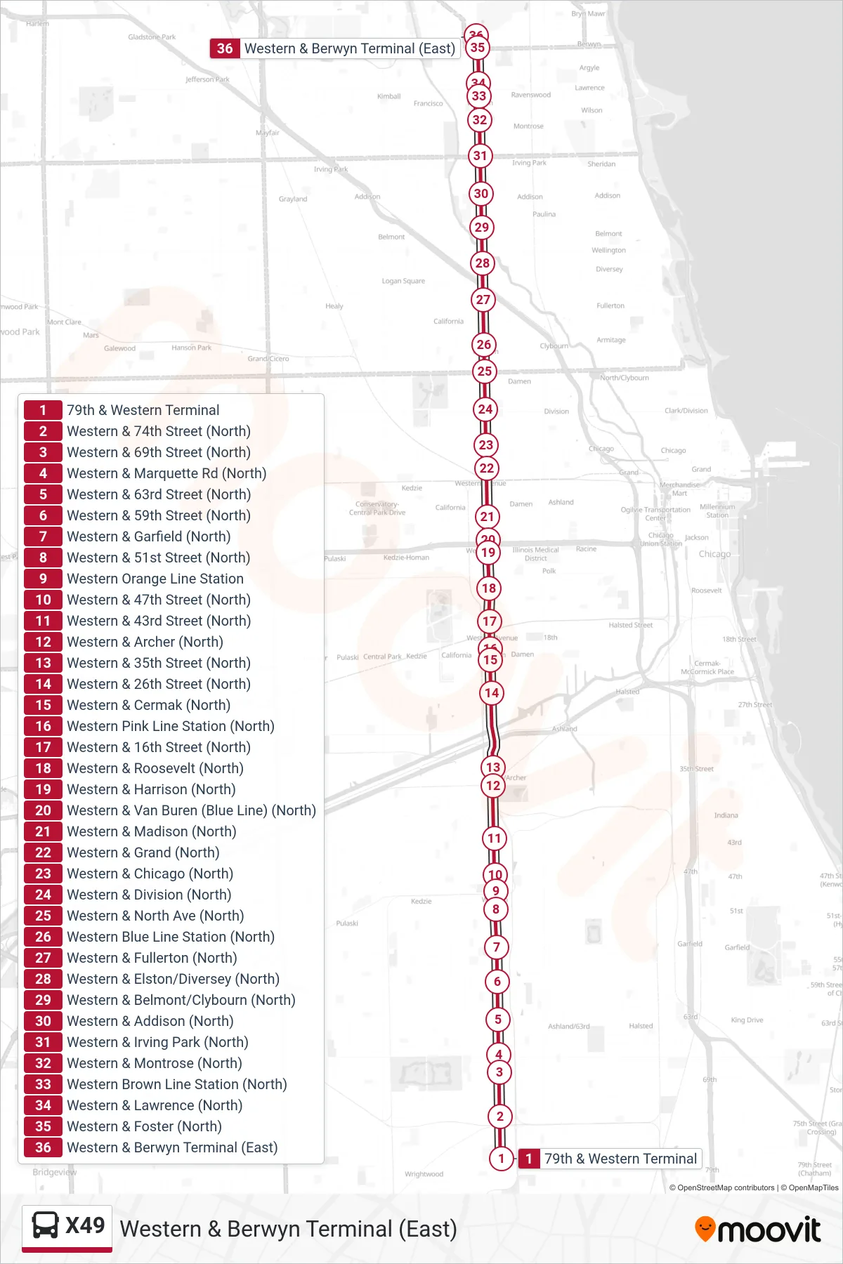 X49 bus Line (Western & Berwyn Terminal (East)) route and stops on a map