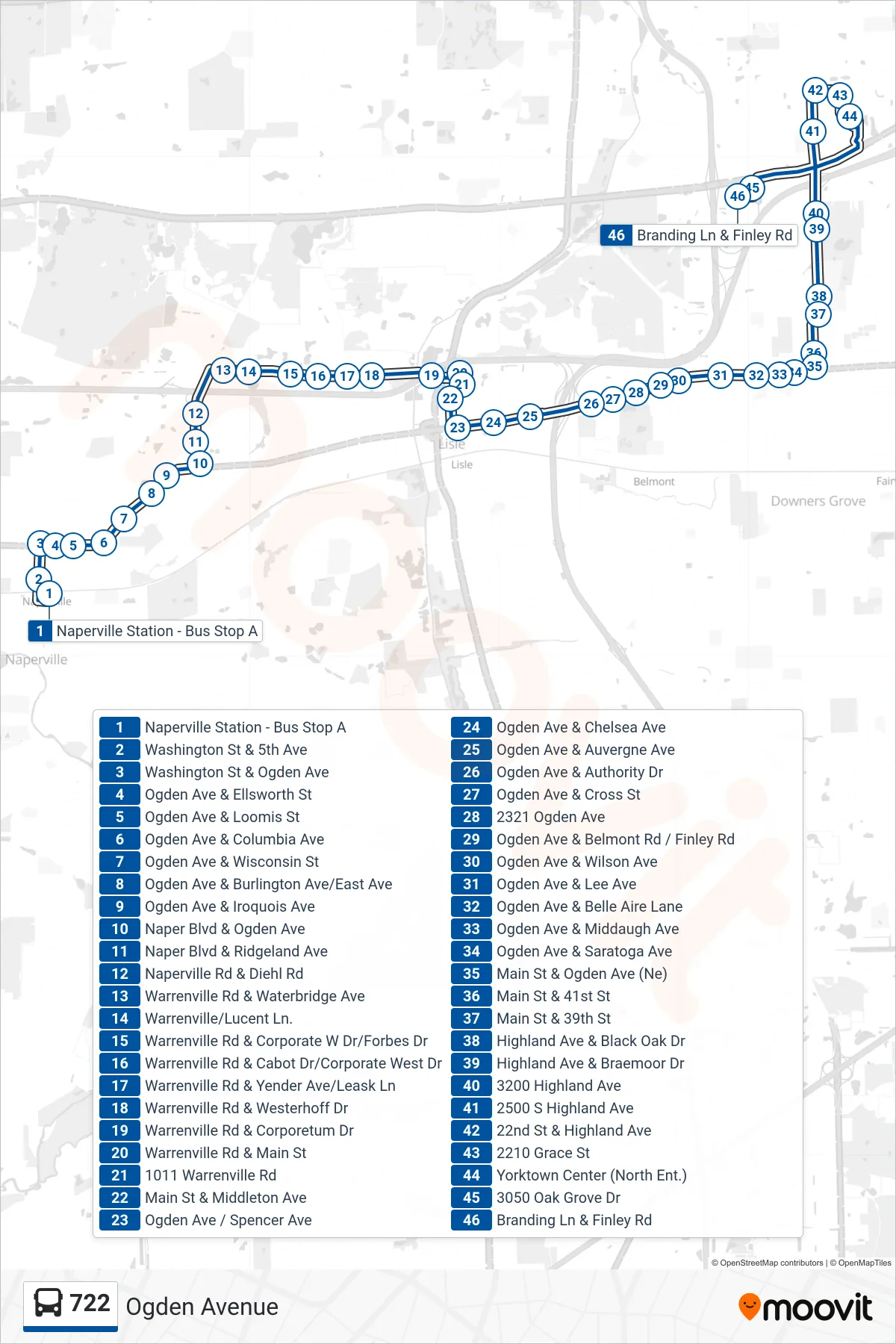 722 bus Line (Branding Ln & Finley Rd) route and stops on a map