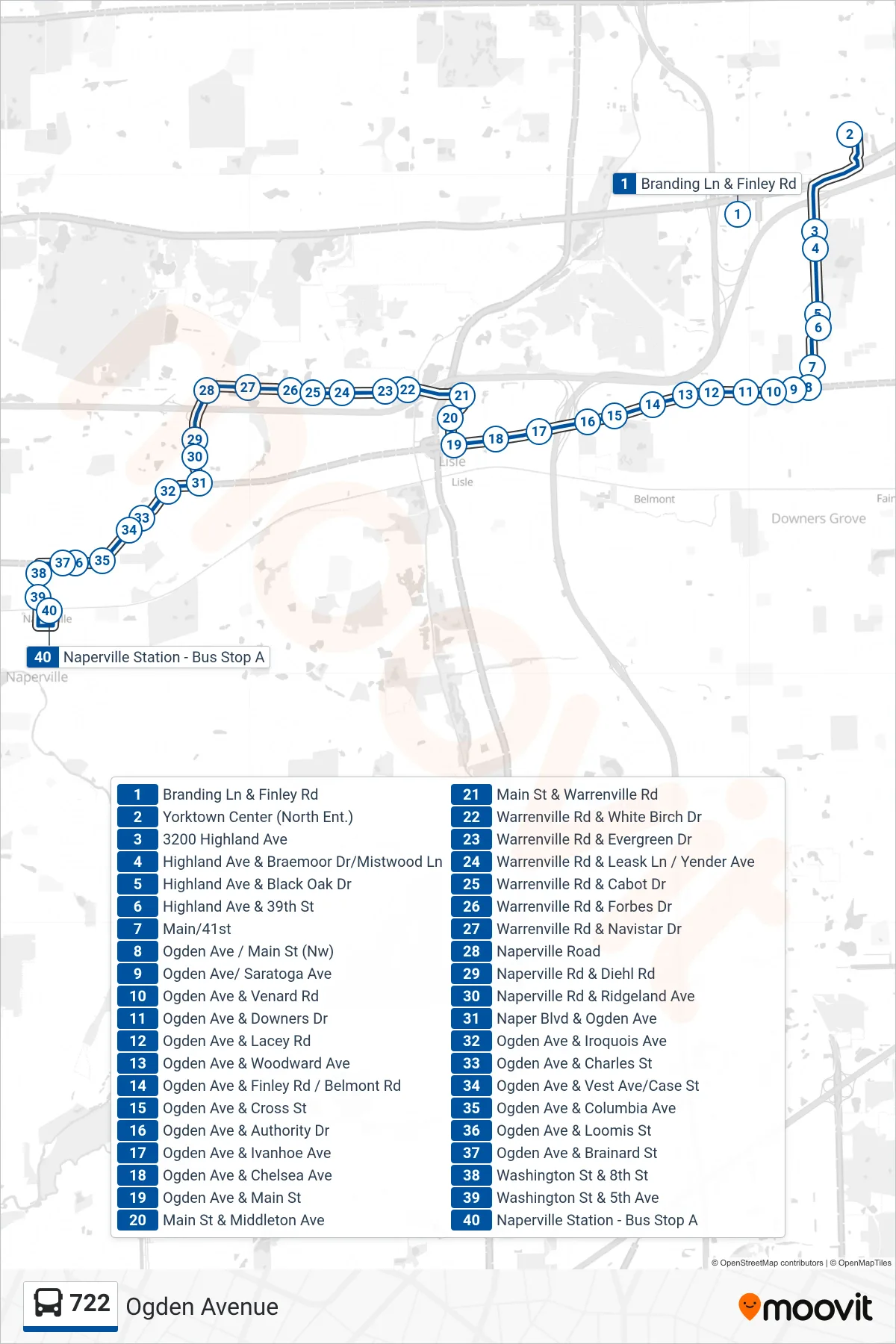 722 bus Line (Naperville Station - Bus Stop A) route and stops on a map
