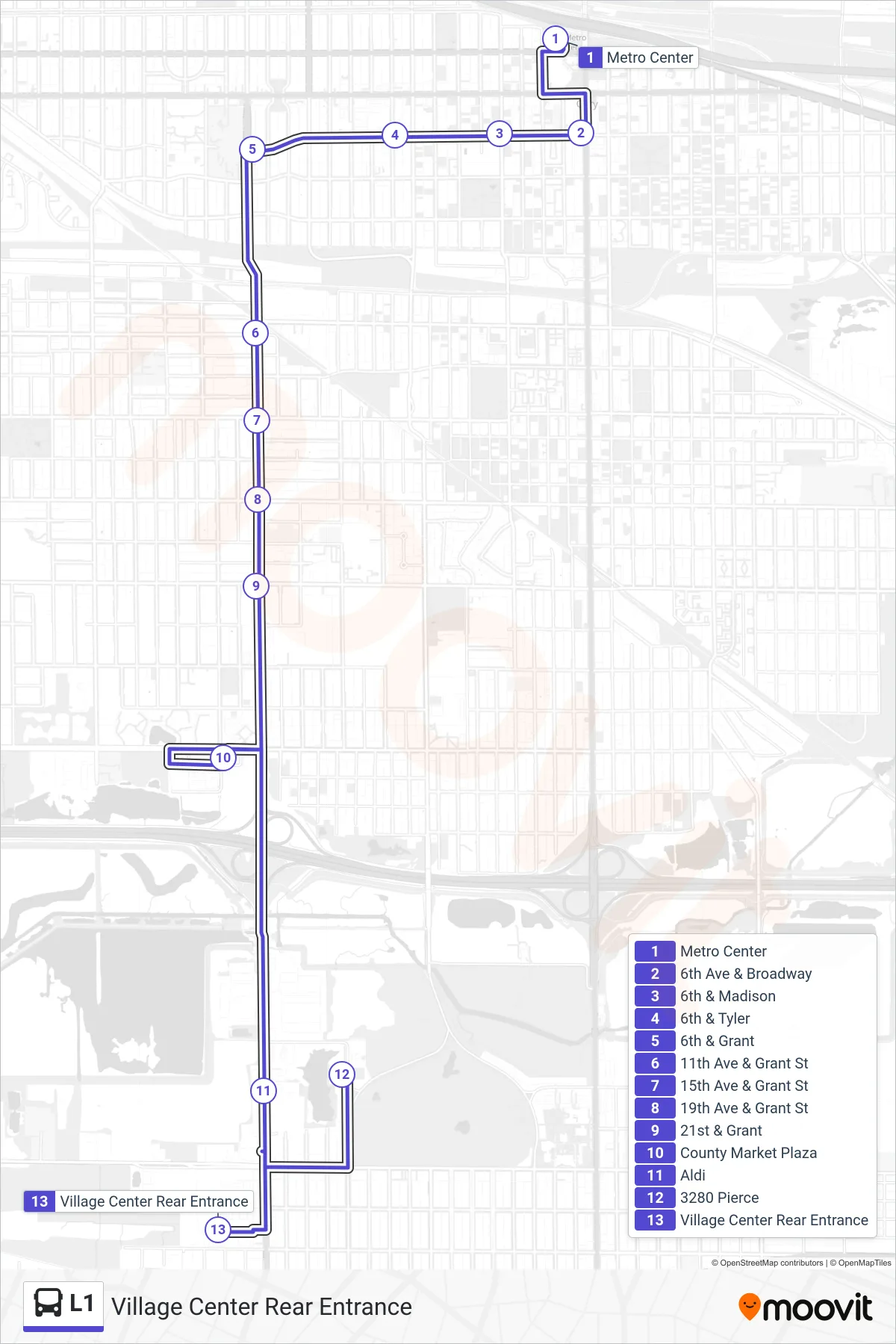 L1 bus Line (Village Center Rear Entrance) route and stops on a map
