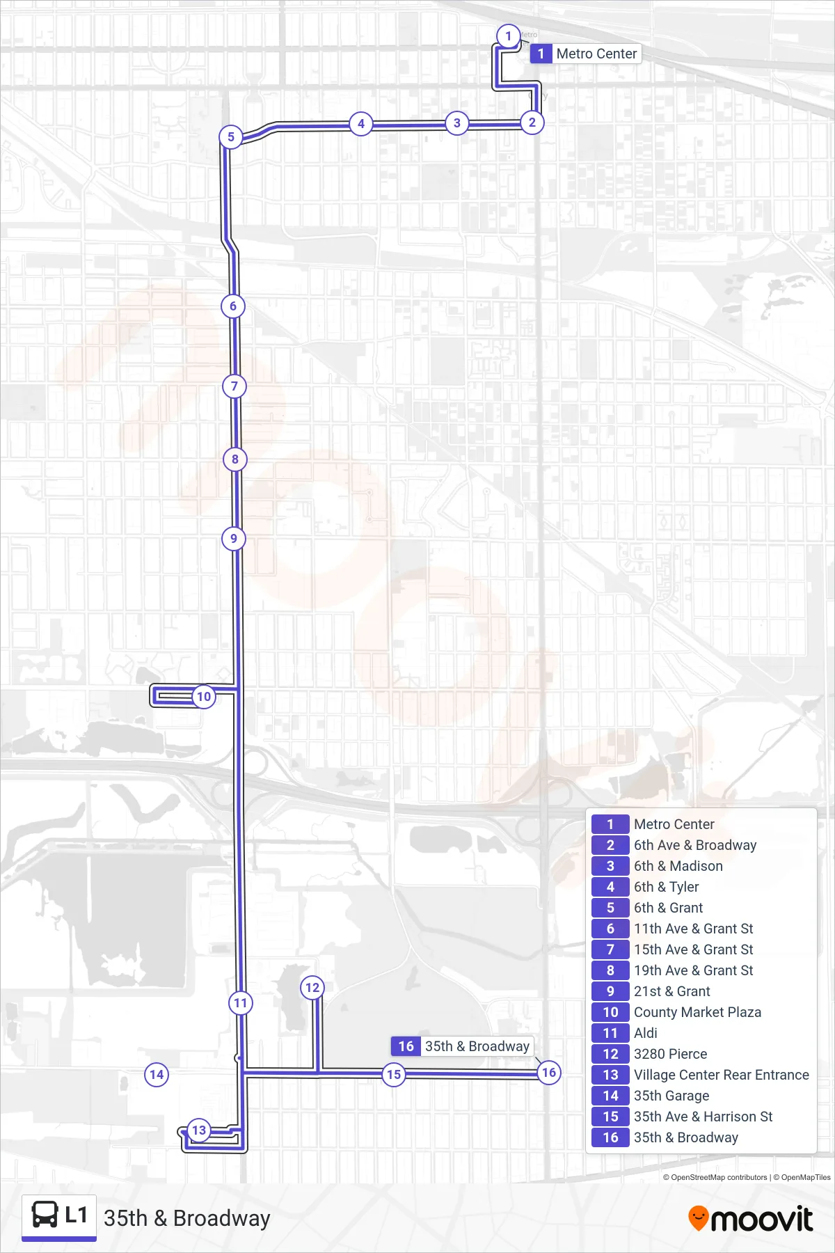 L1 bus Line (35th & Broadway) route and stops on a map