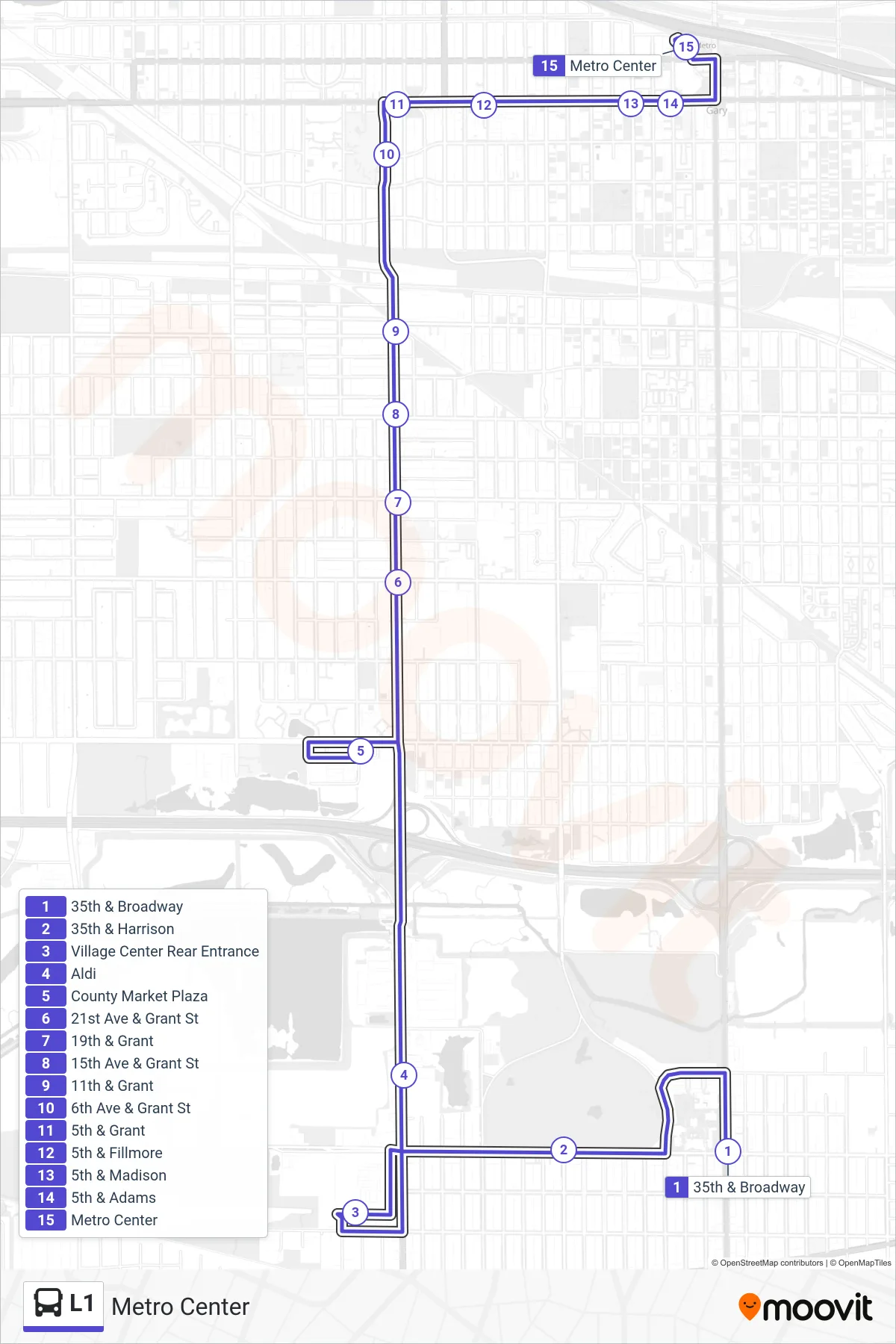 L1 bus Line (Metro Center) route and stops on a map