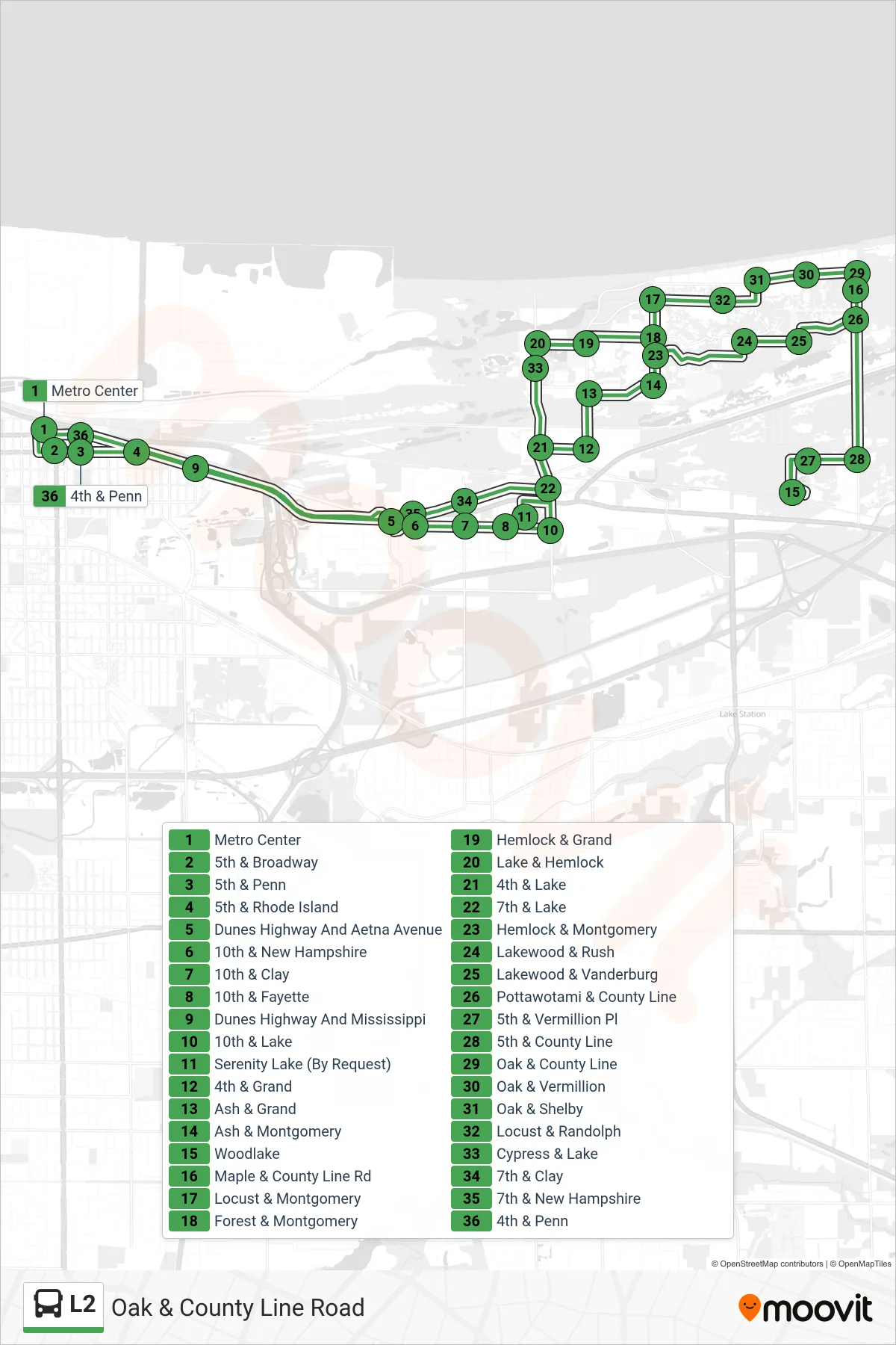 L2 bus Line (Metro Center) route and stops on a map
