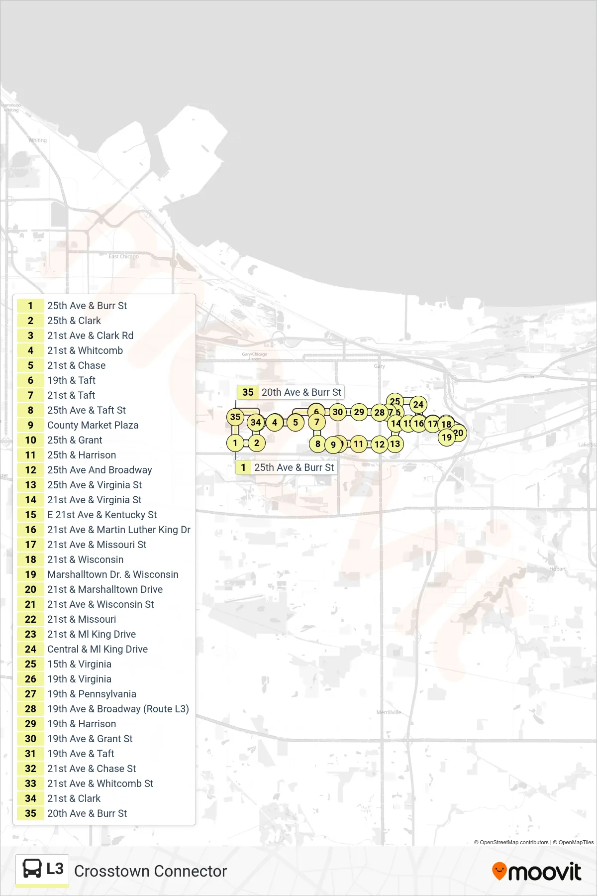 L3 bus Line (25th Ave & Burr St) route and stops on a map