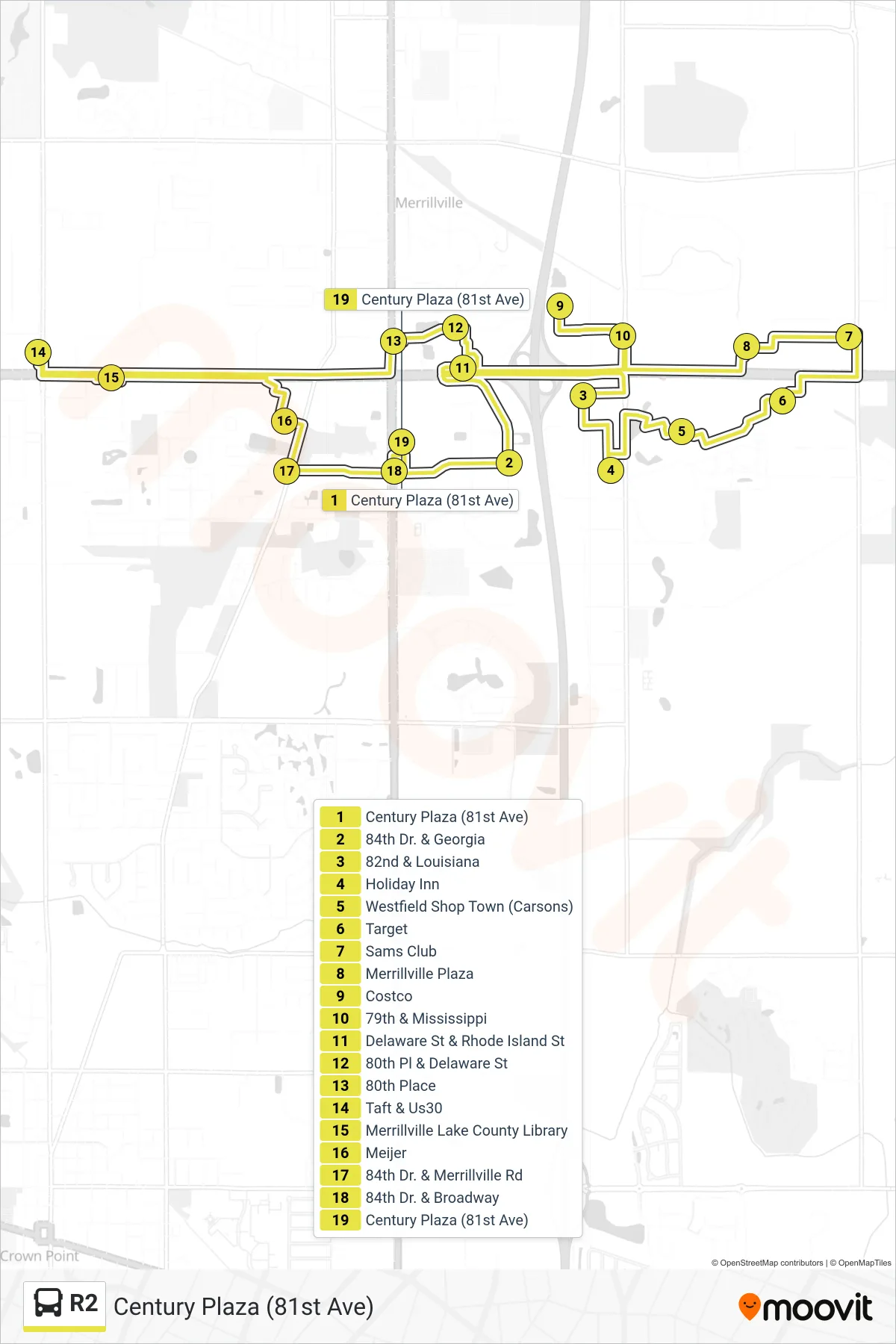 R2 bus Line (Century Plaza (81st Ave)) route and stops on a map