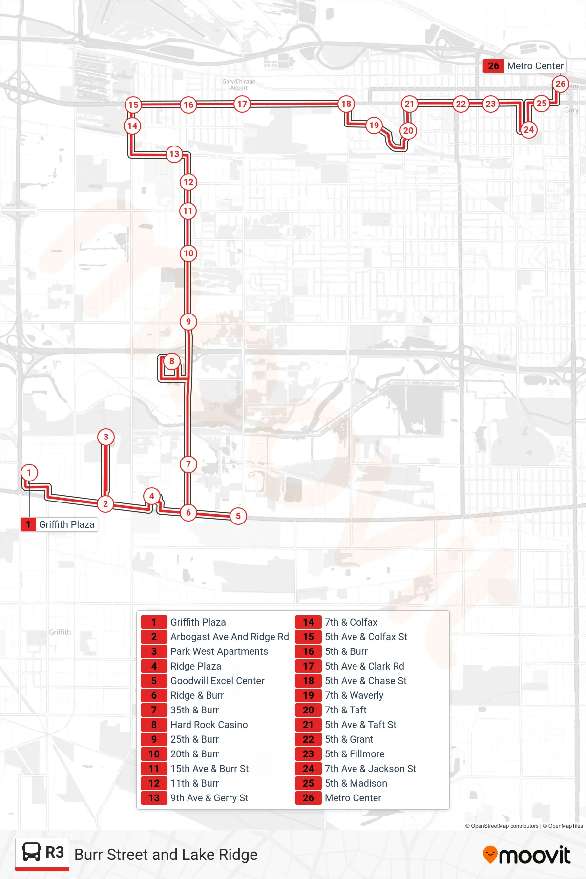 R3 bus Line (To Metro Center - Flag the Bus at Any Intersection) route and stops on a map