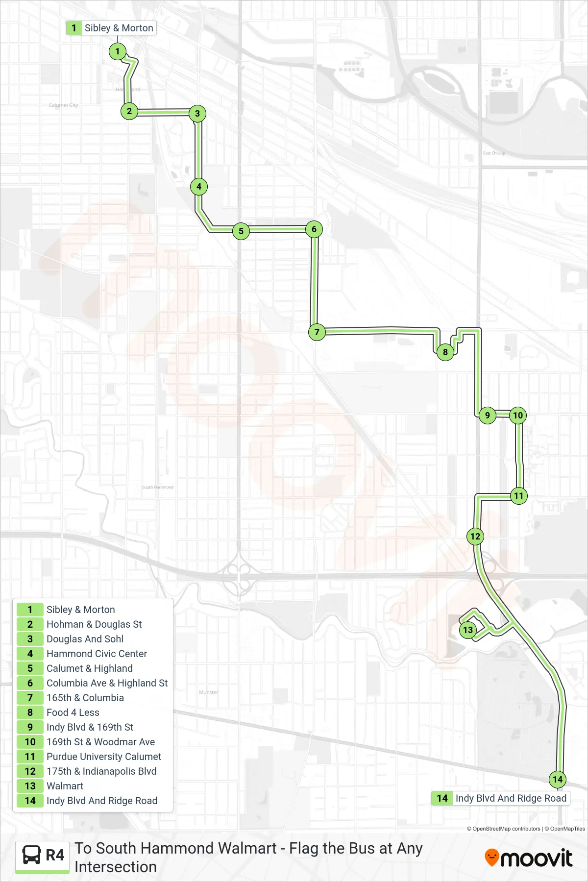 R4 bus Line (To South Hammond Walmart - Flag the Bus at Any Intersection) route and stops on a map