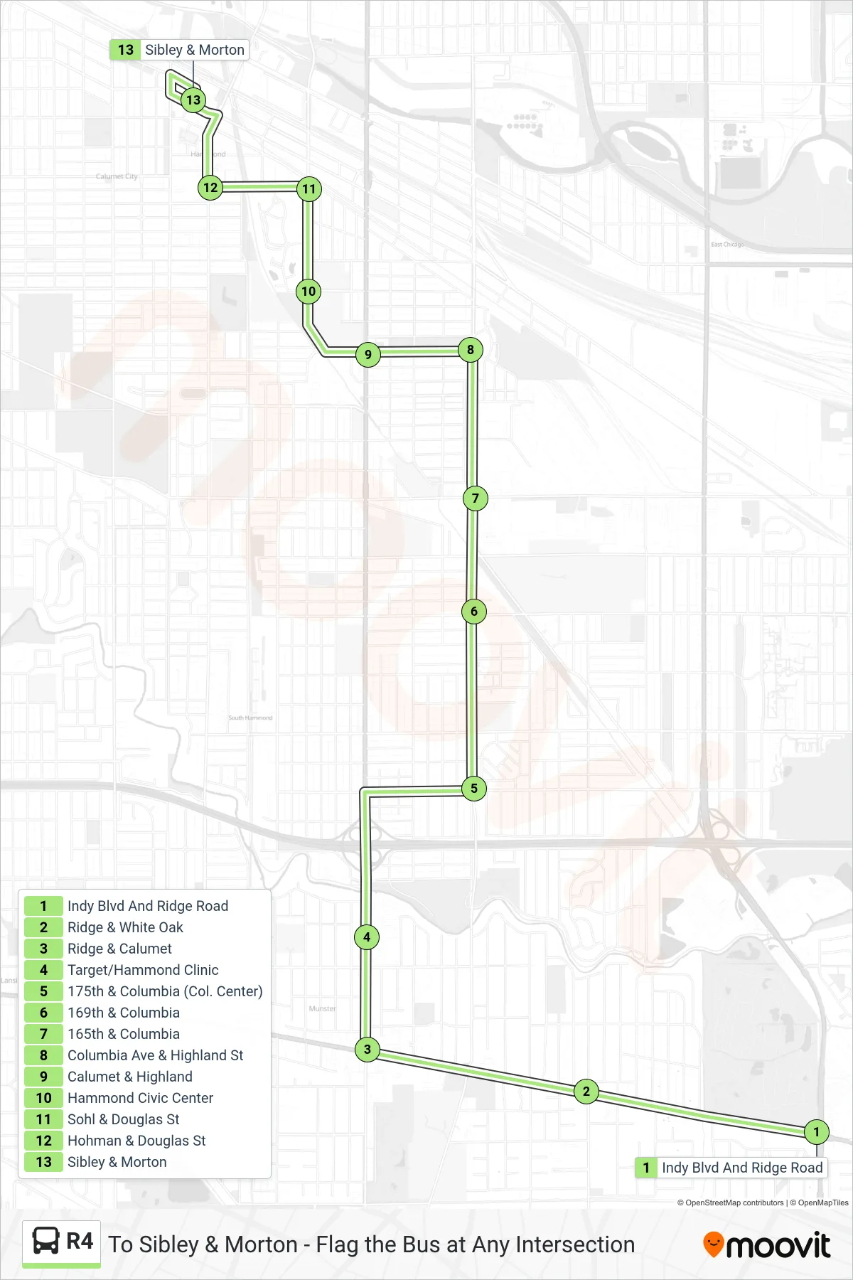 R4 bus Line (To Sibley & Morton - Flag the Bus at Any Intersection) route and stops on a map